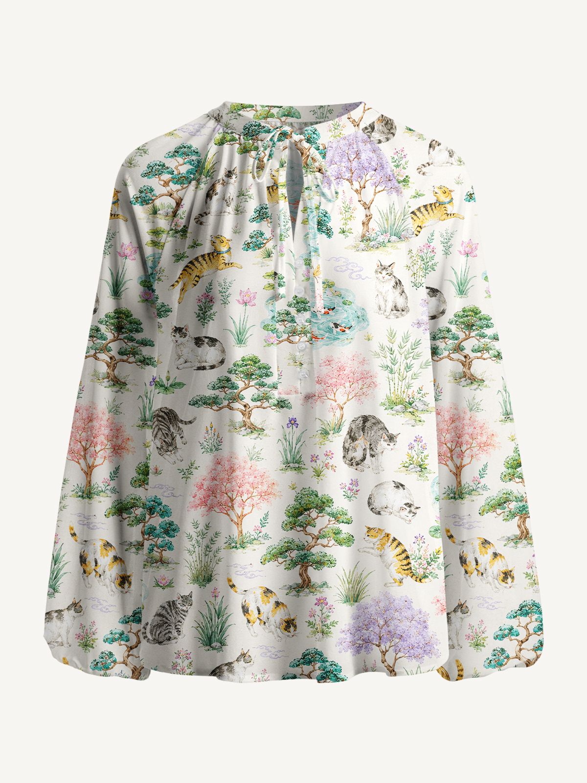 Cats in a Tranquil Garden Pond Scene Print Boho Long Sleeve Tie‑Neck Blouse