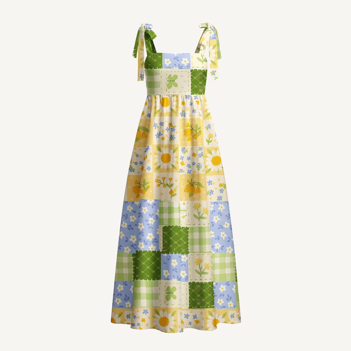 Pastoral Gingham Patchwork Print Bow Strap Maxi Dress