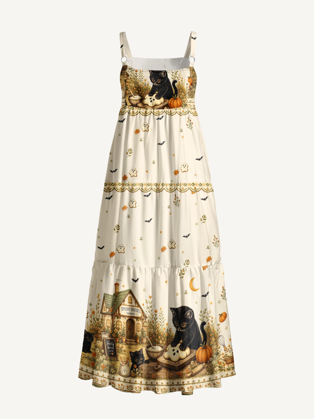 Spooky Biscuit Black Cat Print Wide Straps Maxi Dress With Pockets