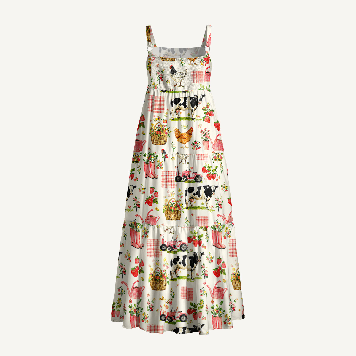 Watercolor Pink Farm Chicken Print Wide Straps Maxi Dress With Pockets