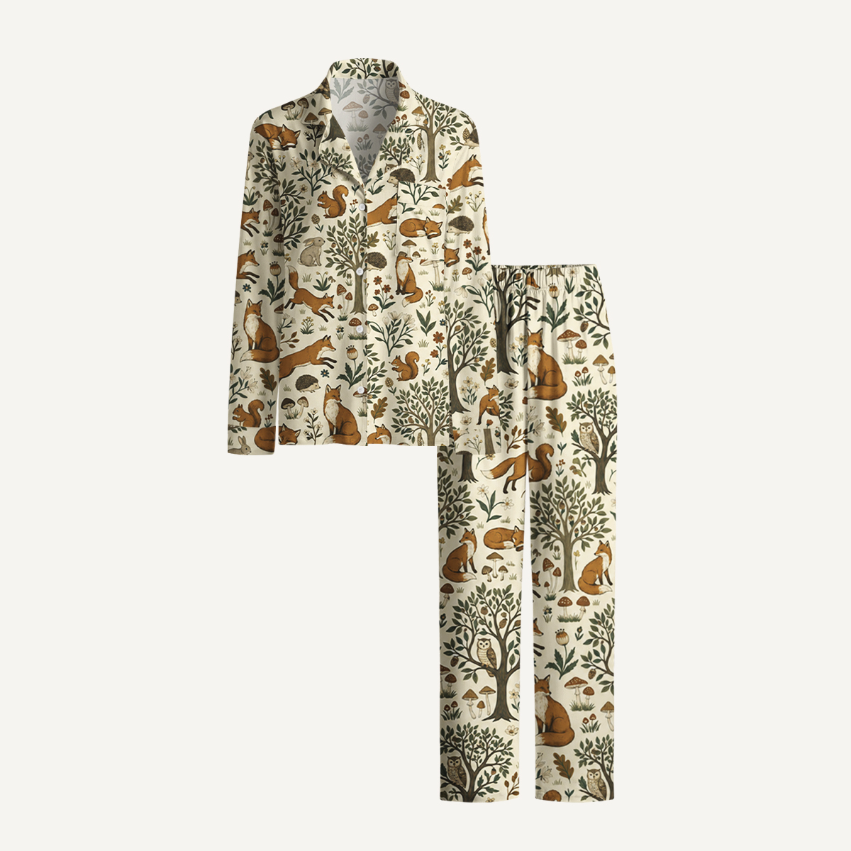 Woodland Creatures Print Long Pajama Set 