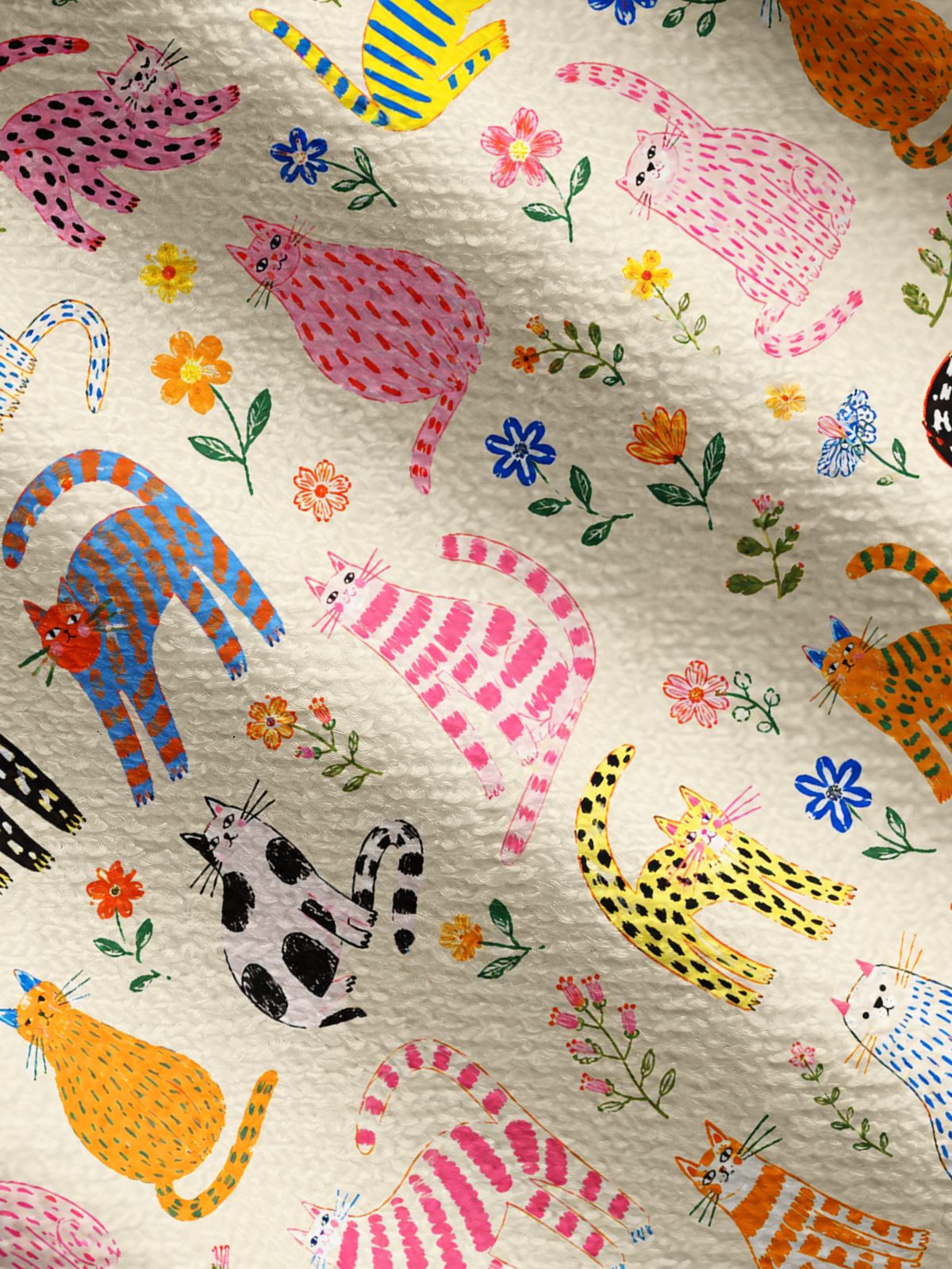 Lightweight Crew Neck Long‑Sleeve Cropped Colorful Whimsical Garden Cats Pattern Print Fine‑Knit Cardigan
