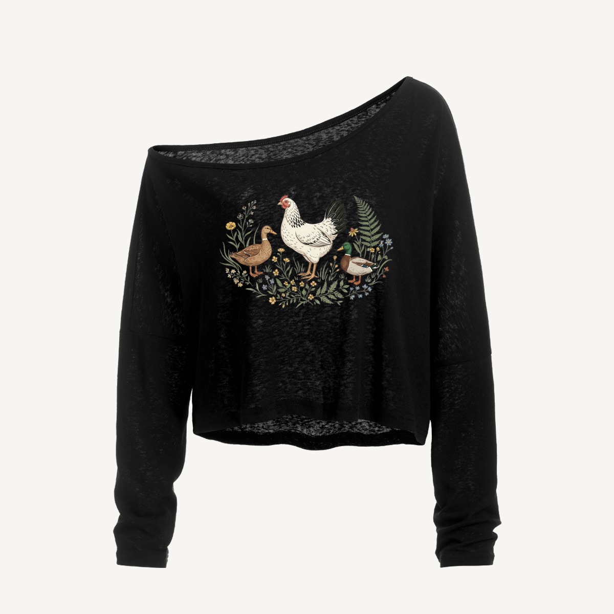 Countryside Garden Critter Long Sleeve Off Shoulder T-shirt