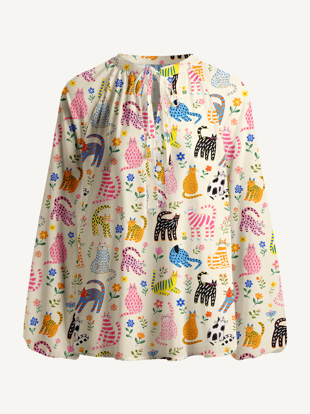 Colorful Whimsical Garden Cats Pattern Print Boho Long Sleeve Tie‑Neck Blouse