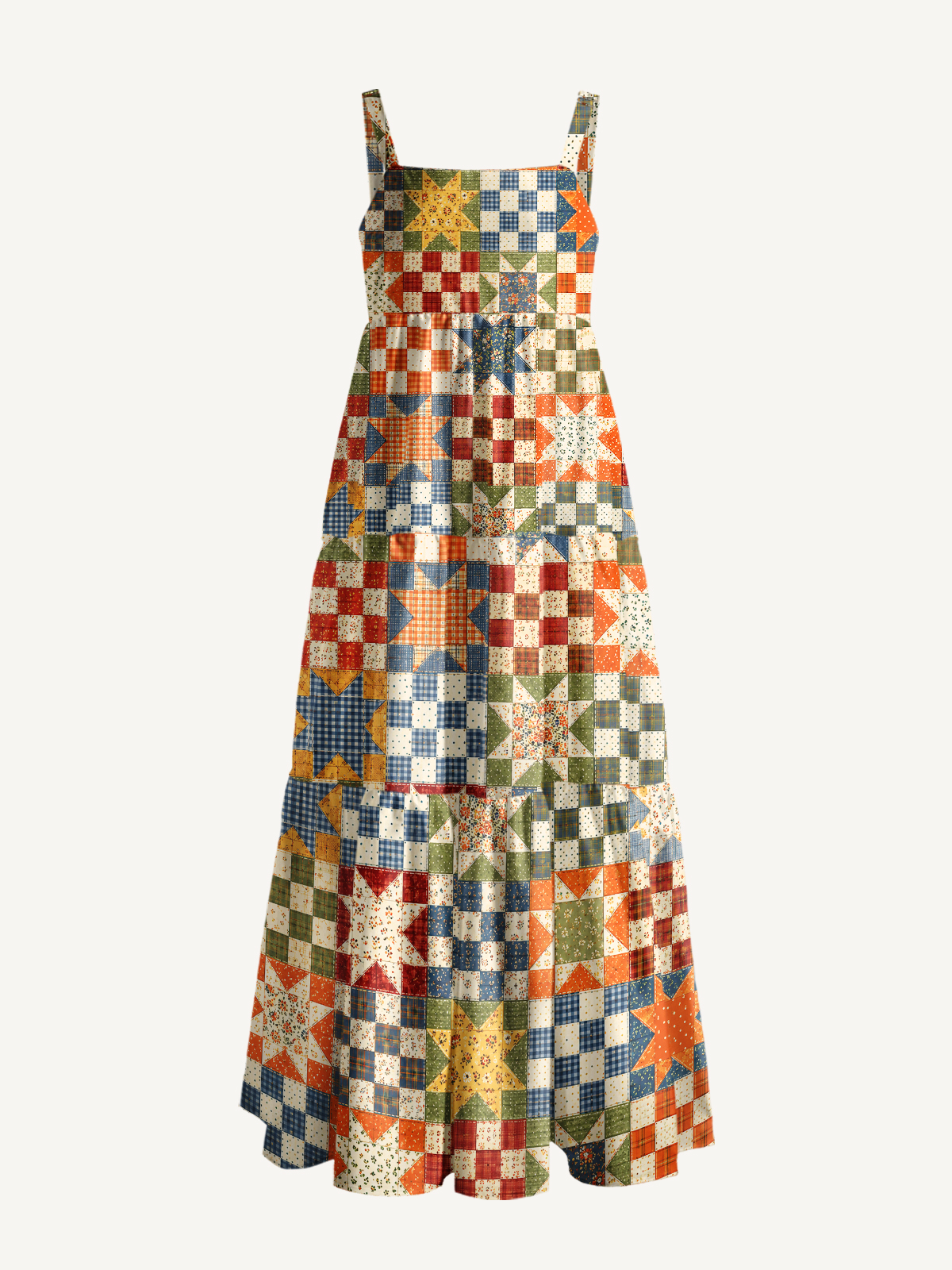 Vintage Star Quilt Patchwork Print Wide Straps Maxi Dress With Pockets