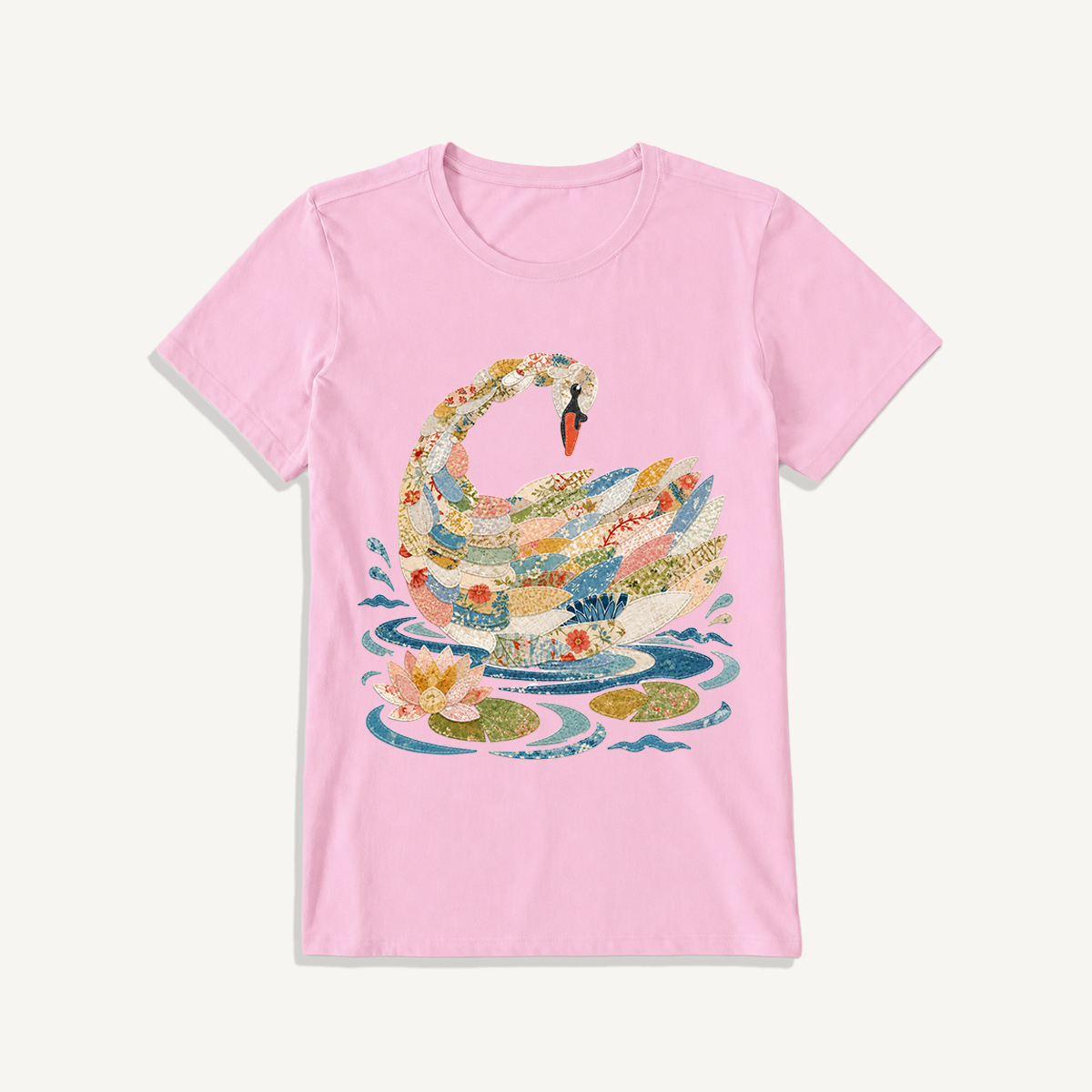 Patchwork Swan Garden Print Crew Neck Cotton Tee