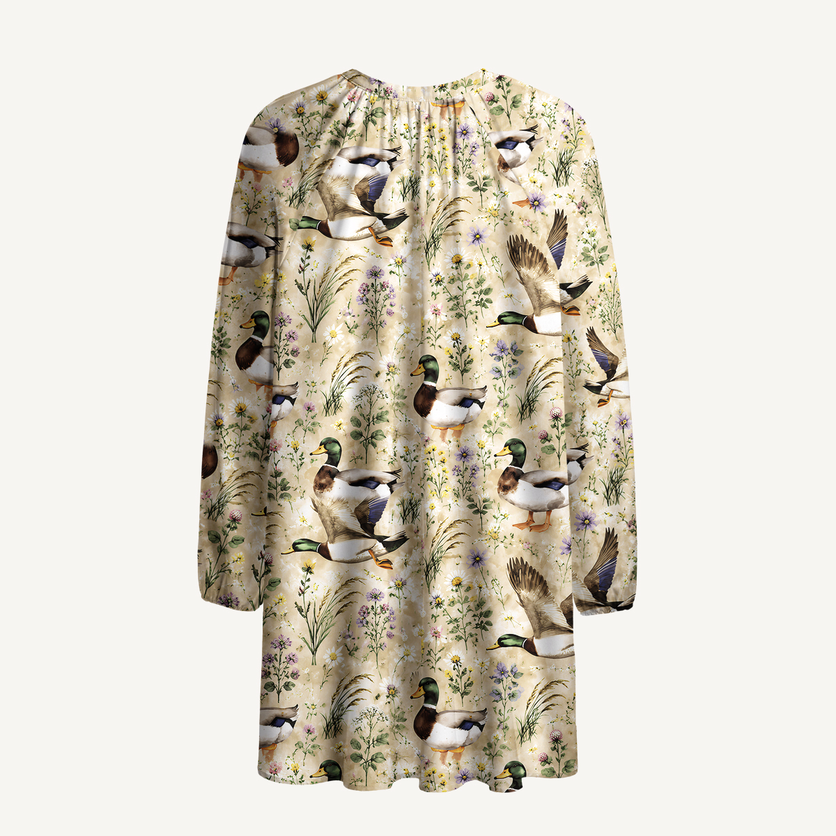 Watercolor Mallard Ducks Print Boho Tie‑Neck Smock Mini Dress