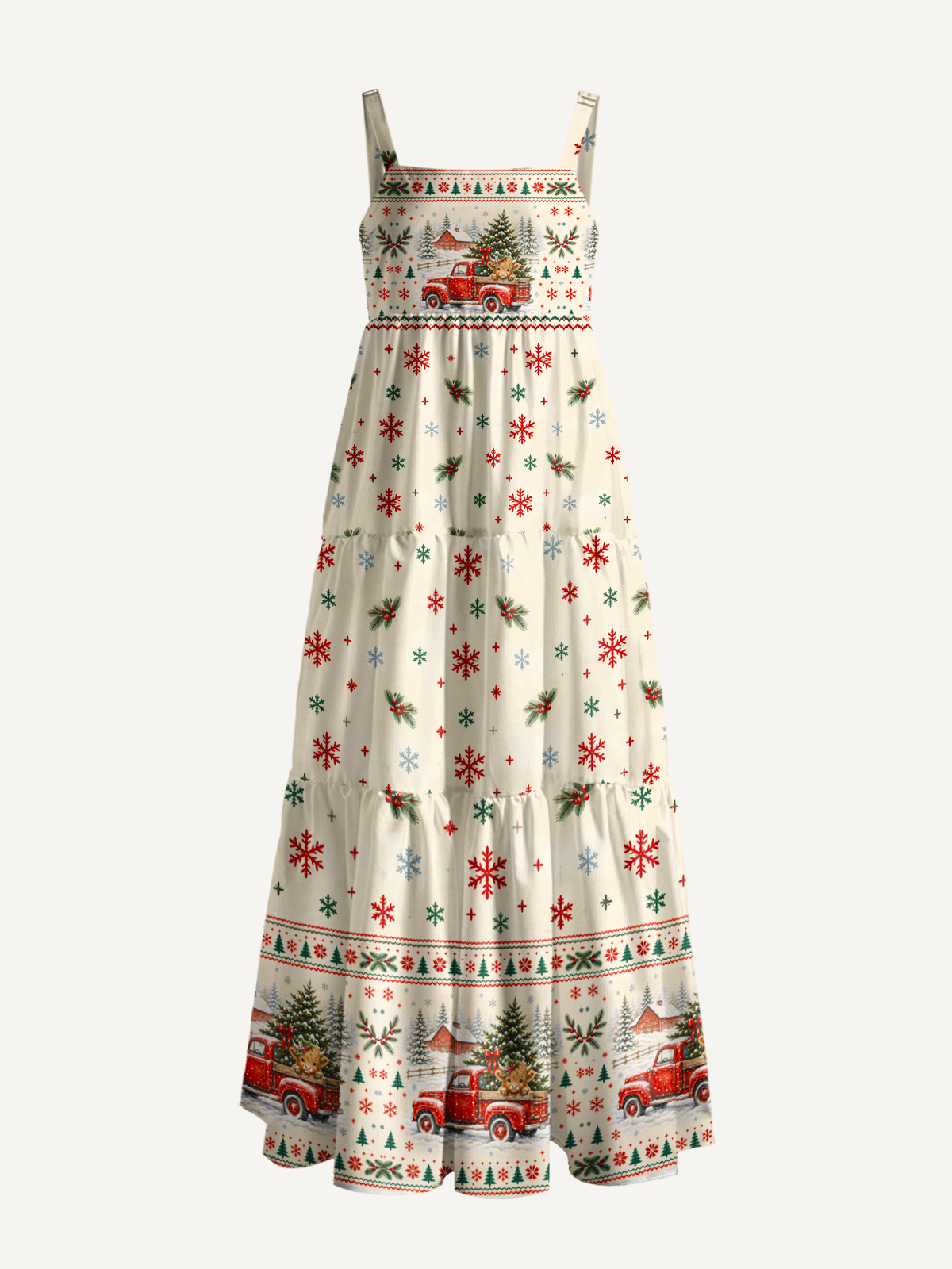 Cozy Christmas Farm Truck Cow Print Wide Straps Maxi Dress With Pockets