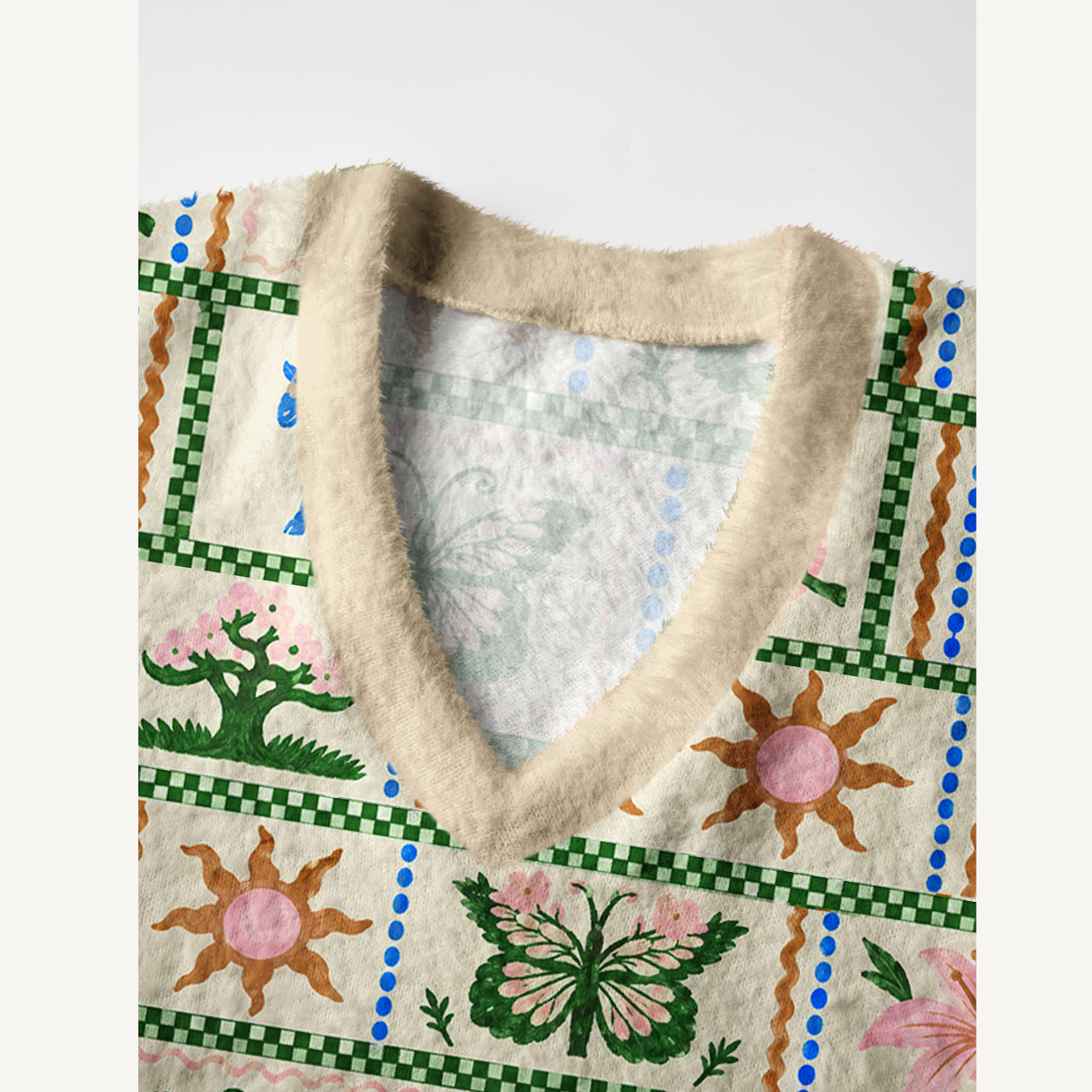 Botanical Folk Art Garden Print V-Neck Sweater Vest