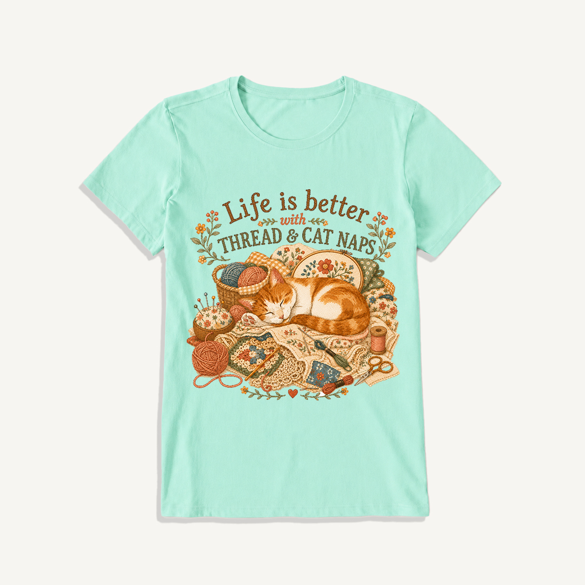 Thread and Cat Naps Print Crew Neck Cotton Tee