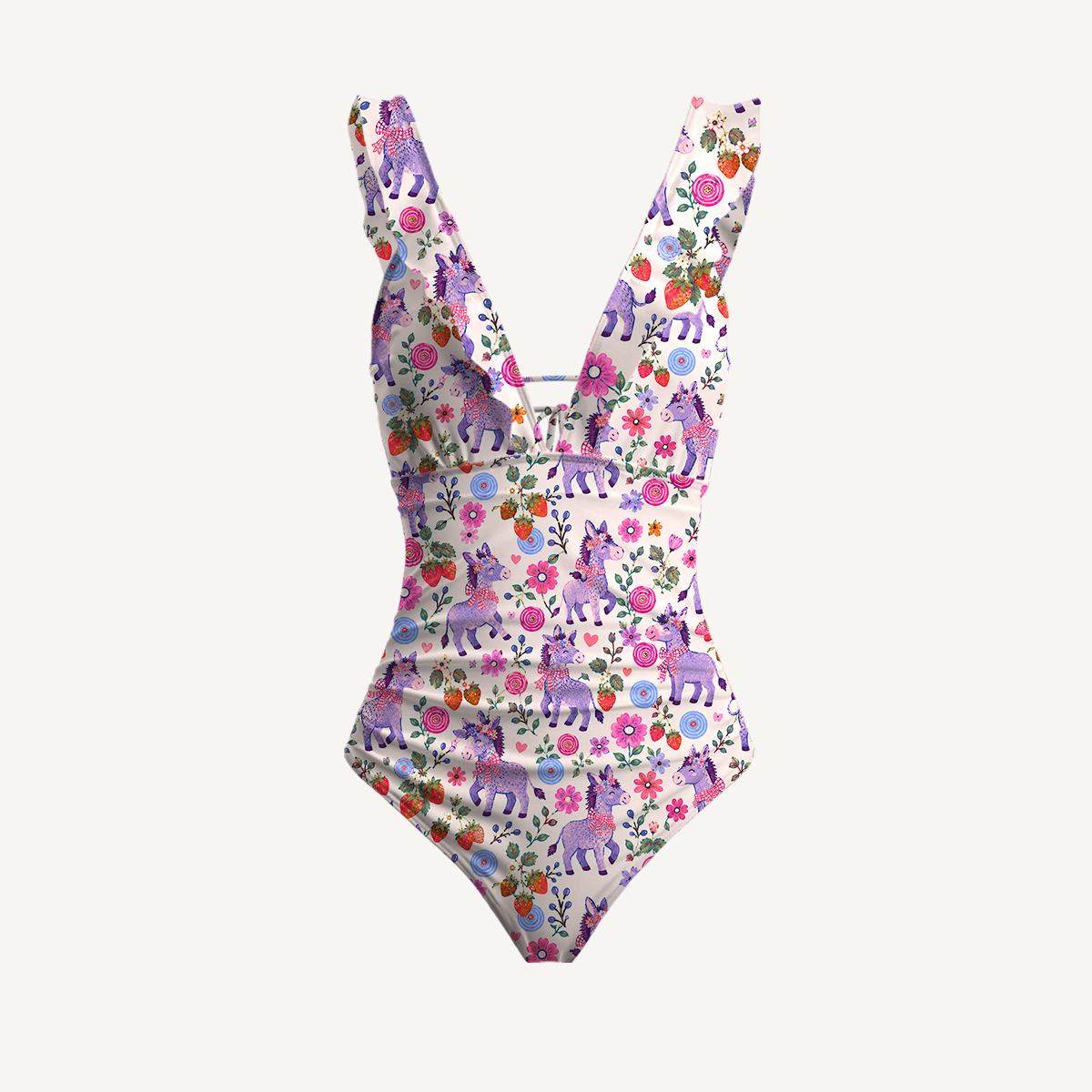 Strawberry Blossom Donkeys Ruffled V Neck One Piece Swimsuit and Matching Midi Skirt Set