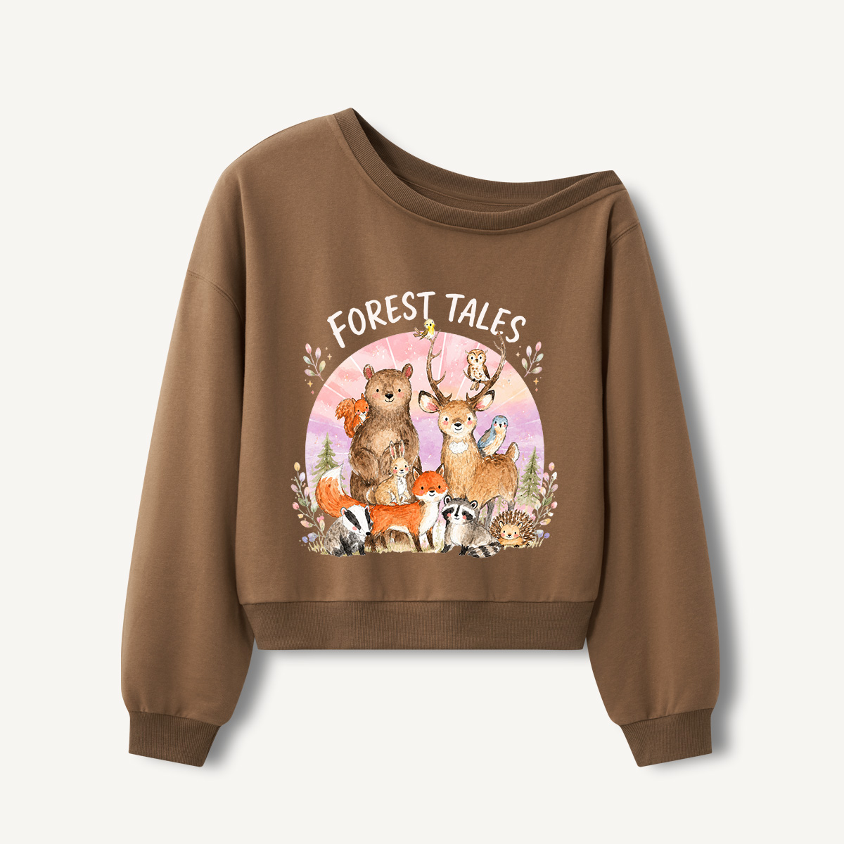 Forest Tales Friends Print Off Shoulder Sweatshirts 