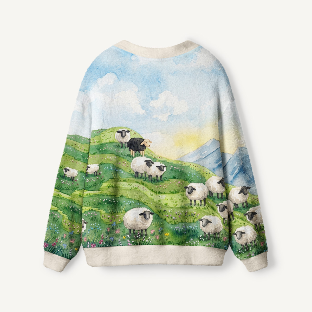 Spring Meadow Sheep and Blossoms Landscape Print Ugly Cardigan Sweaters