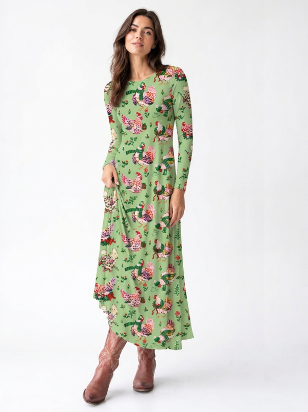 Christmas Chickens Holiday Garden Print Soft-Touch Stretch Knit Long Sleeve Maxi Dress with Pockets