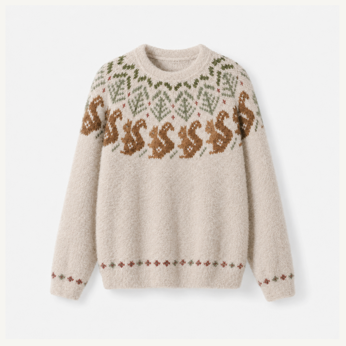Rustic Squirrel & Forest Fuzzy Crewneck Sweater