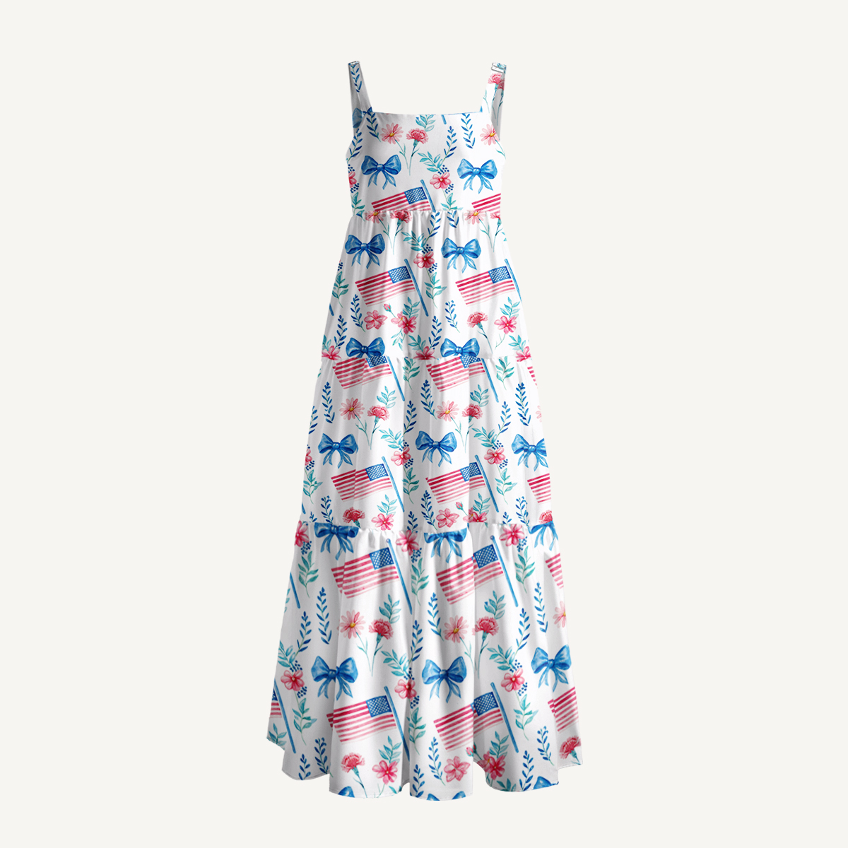 Pastel USA Flag Print Quilt Wide Straps Maxi Dress With Pockets