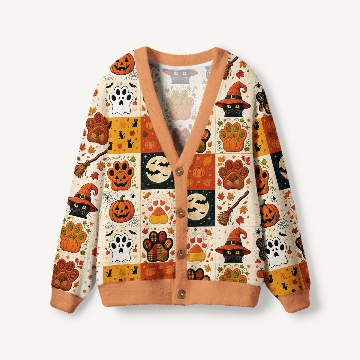 Autumn Witch Cat patchwork Print Ugly Cardigan Sweaters
