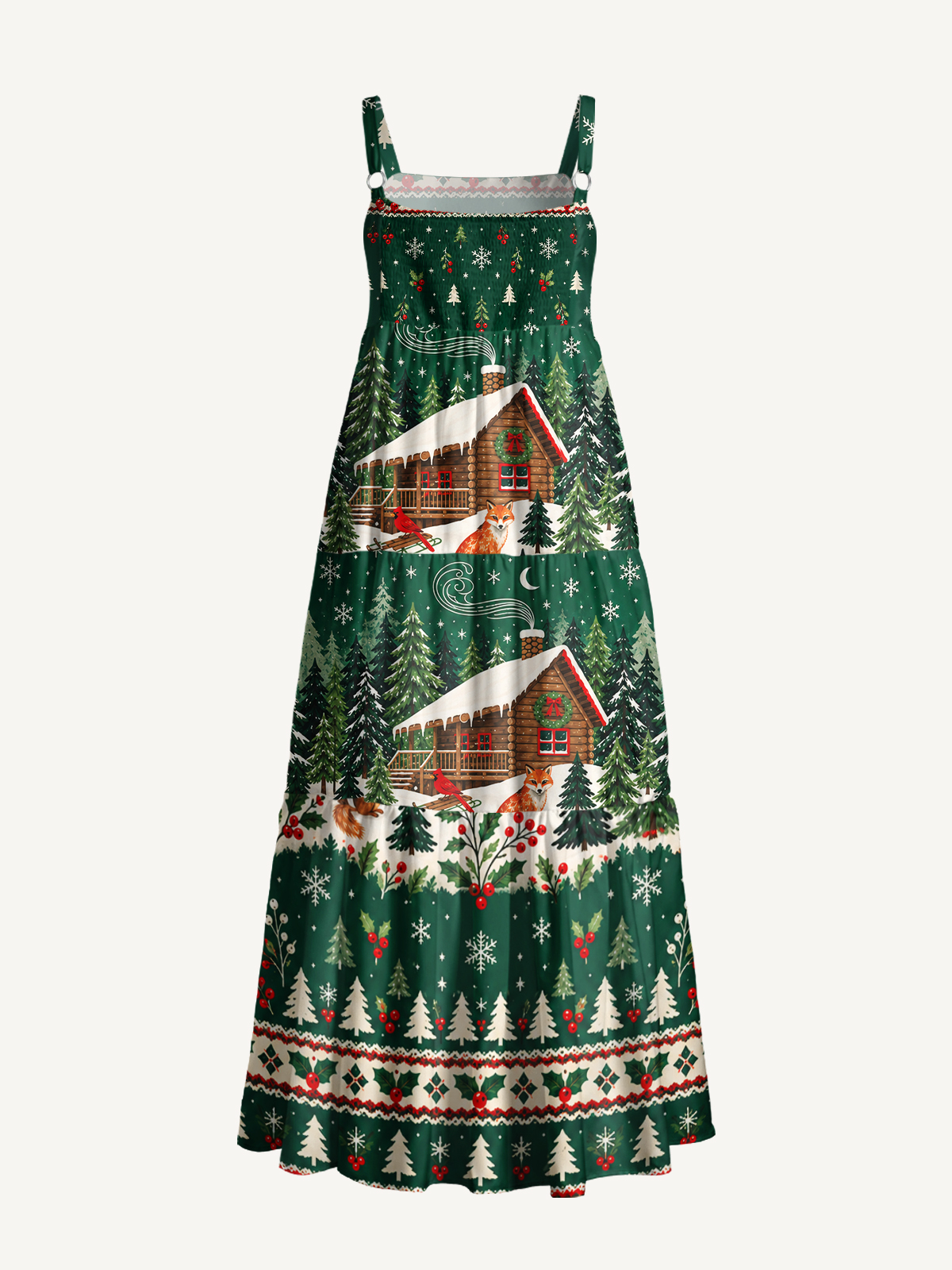 Christmas Cabin & Woodland Animals Print Wide Straps Maxi Dress With Pockets