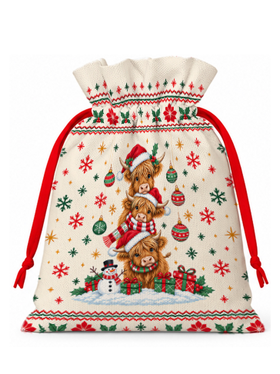 Stacked Highland Cow Christmas Reusable Drawstring Gift Bag