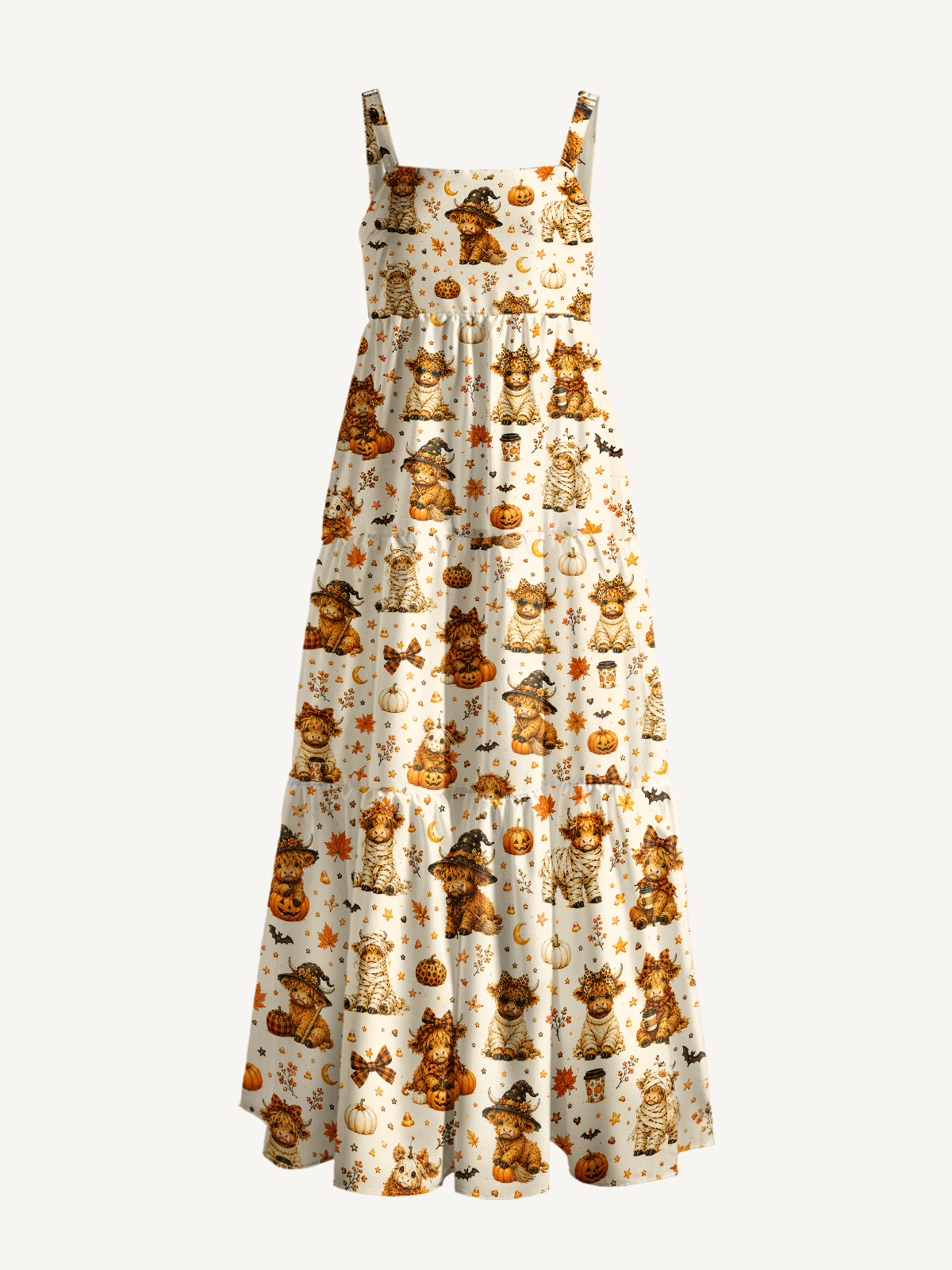 Spooky Highland Cows Print Wide Straps Maxi Dress With Pockets