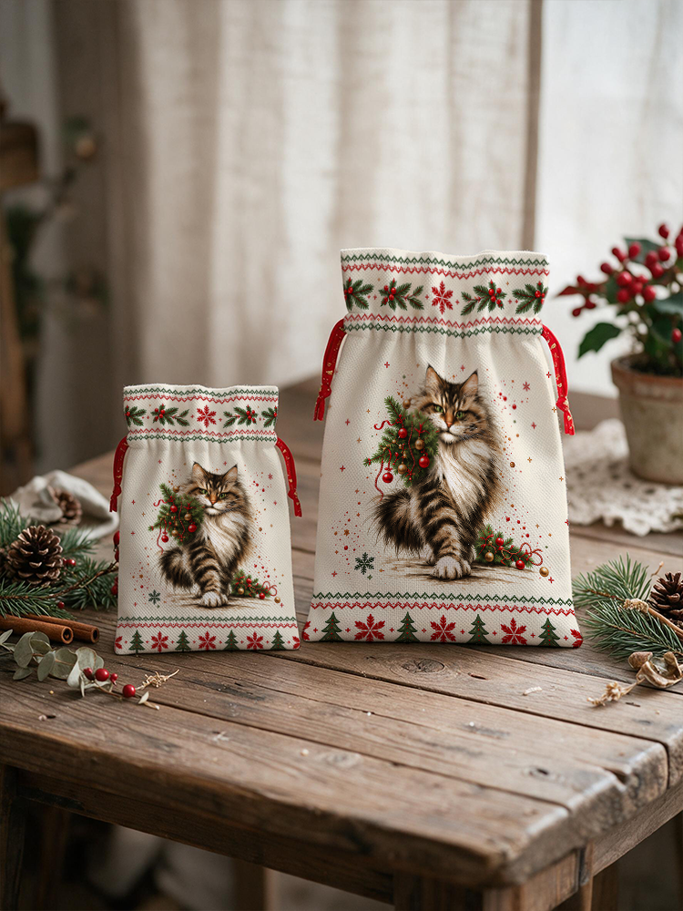 Charming Christmas Cat Reusable Drawstring Gift Bag