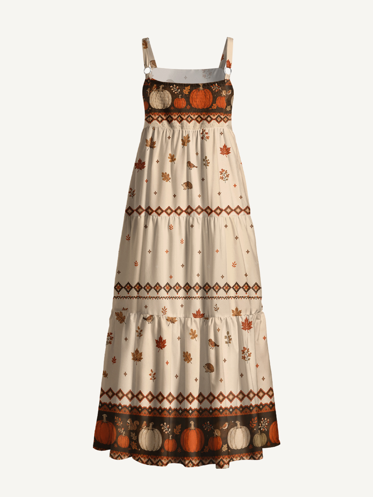 Woodland Pumpkin Harvest Print Wide Straps Maxi Dress With Pockets