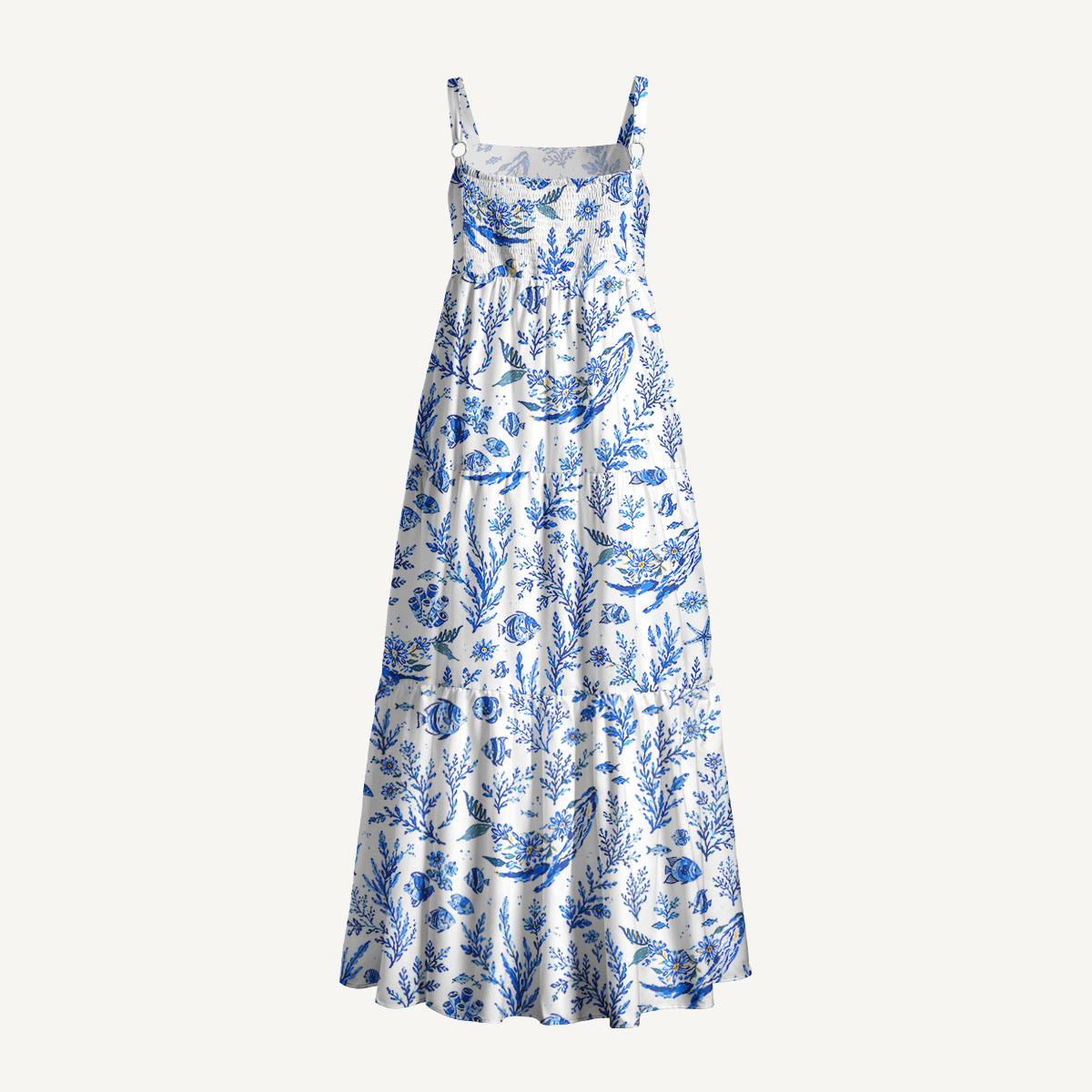 Delft Blue Coastal Garden Print Wide Straps Maxi Dress With Pockets