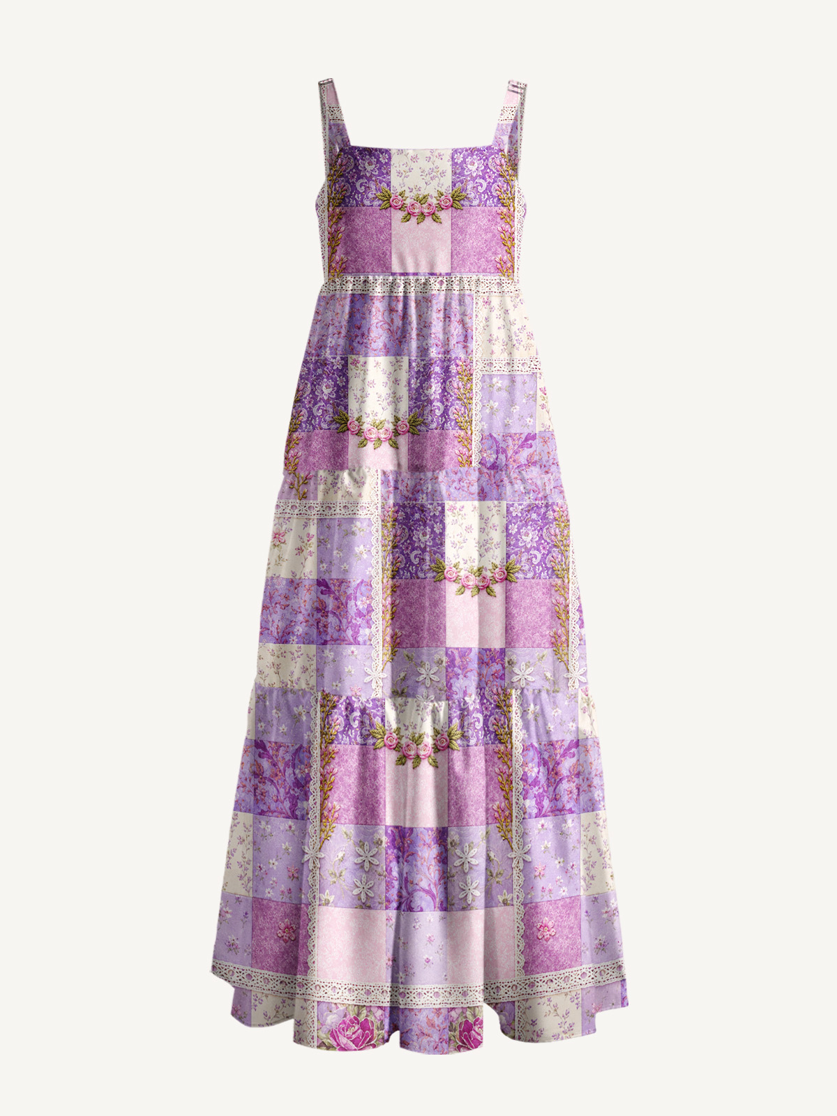 Purple Meadow Vintage Patchwork Print Wide Straps Maxi Dress With Pockets