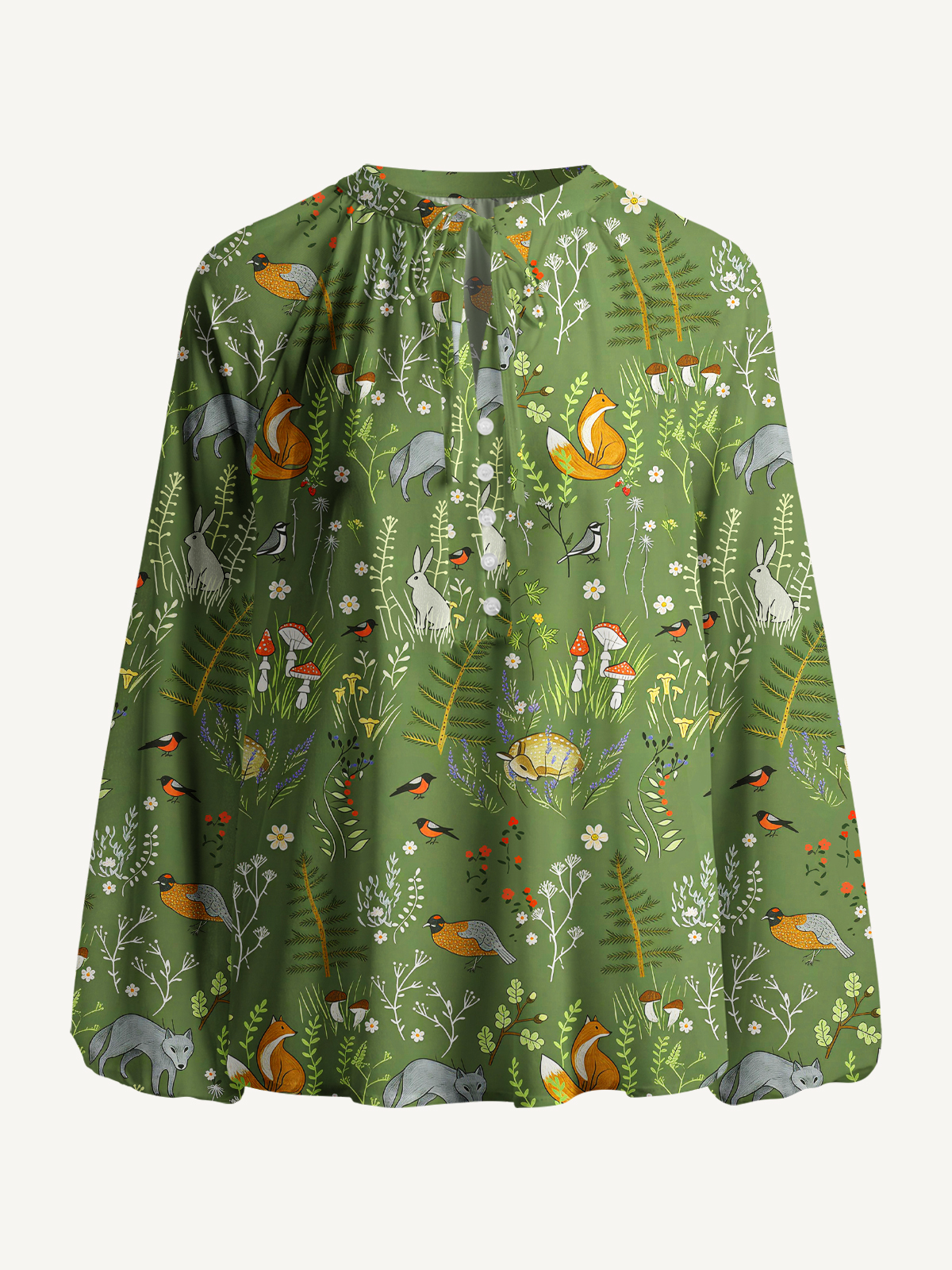 Whimsical Woodland Animals Print Boho Long Sleeve Tie‑Neck Blouse