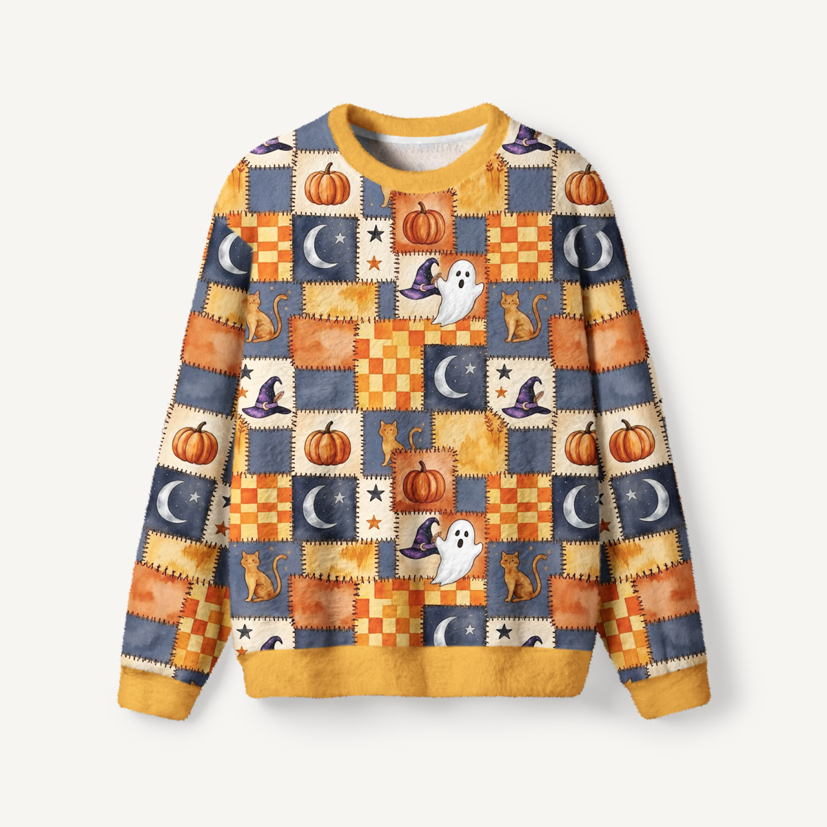 Patchwork Pumpkin Moonlight Fuzzy Crewneck Sweater