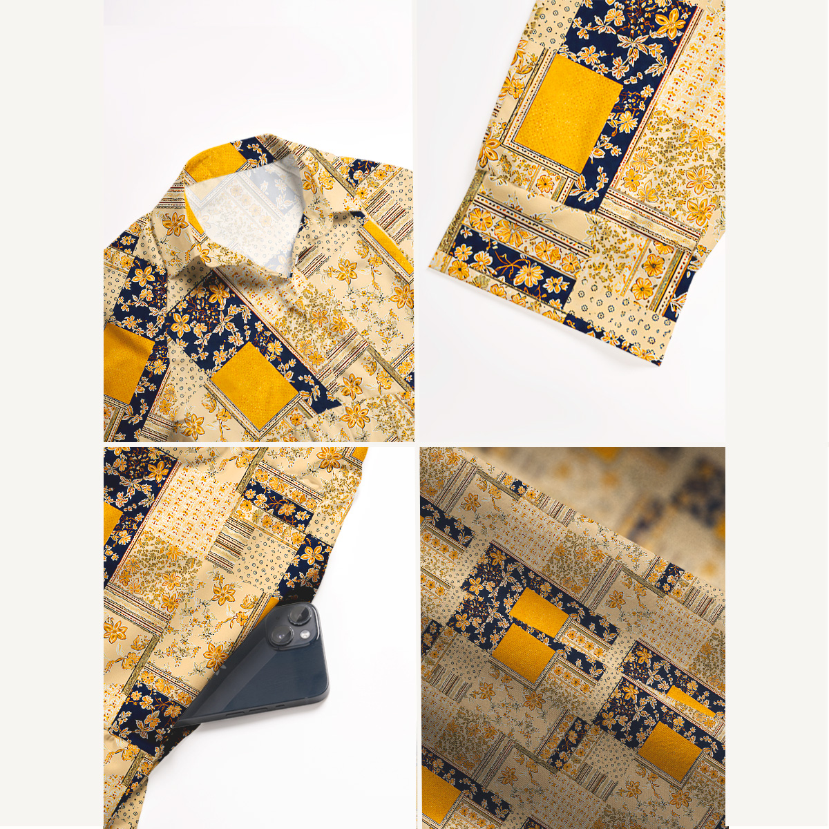 Vintage Mustard and Navy Floral Patchwork  Print Casual Midi Dress With Pockets