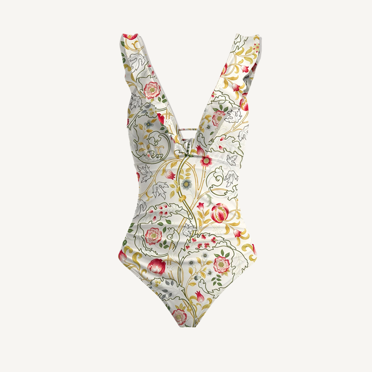Peony Vine Garden Ruffled V Neck One Piece Swimsuit and Matching Midi Skirt Set