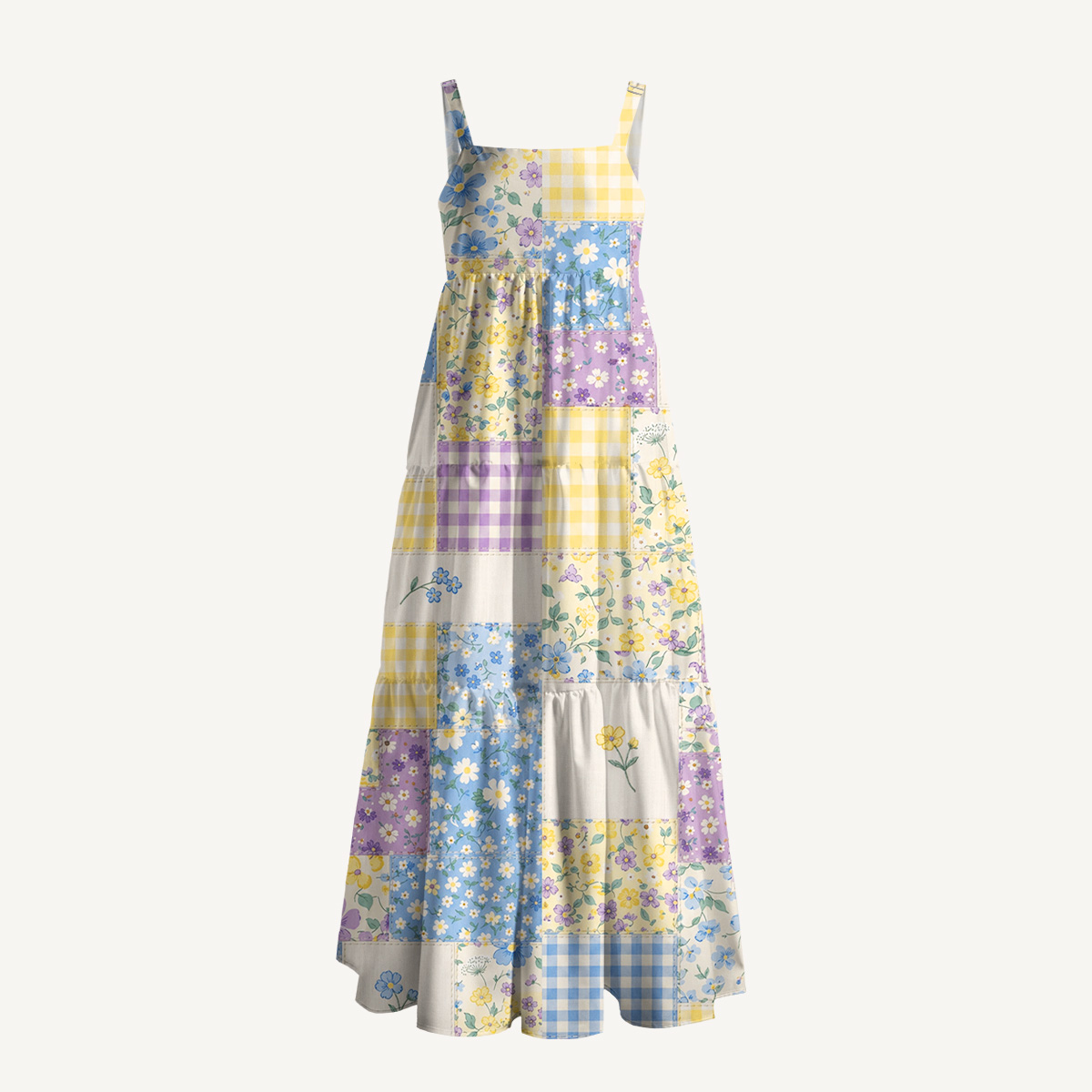Square Neck Floral Meadow Patchwork Print Slip Dress