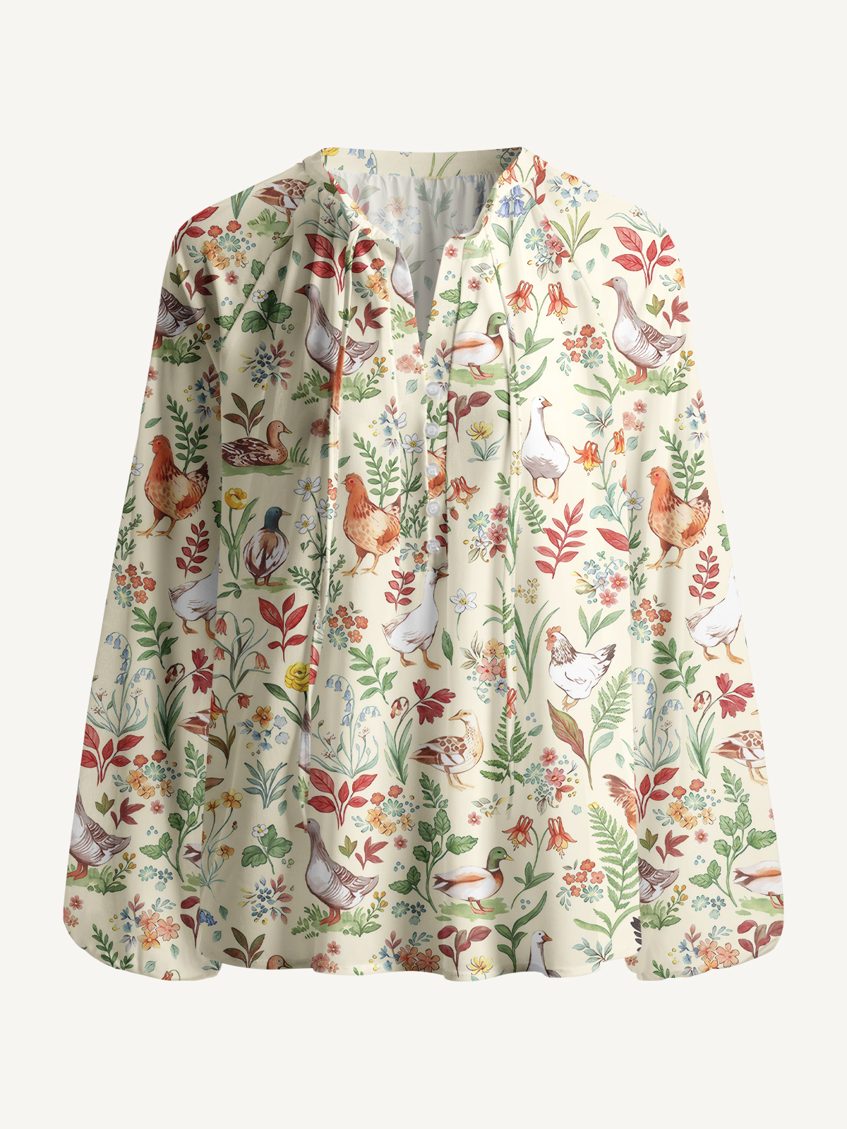 Countryside Garden Critter Print Boho Long Sleeve Tie‑Neck Blouse