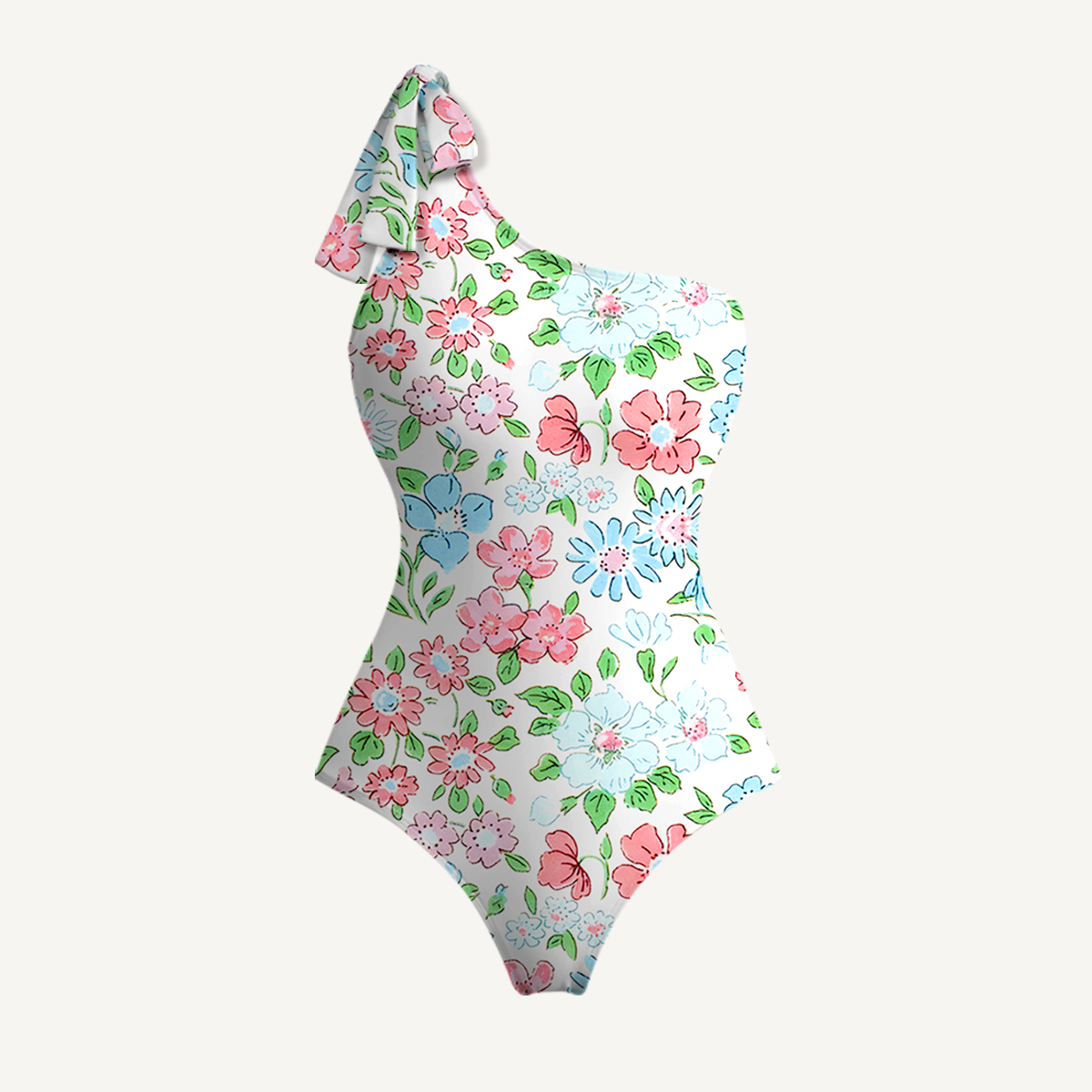 Pastel Cottage Floral One Shoulder One Piece Swimsuit and Matching Sarong Set for Women
