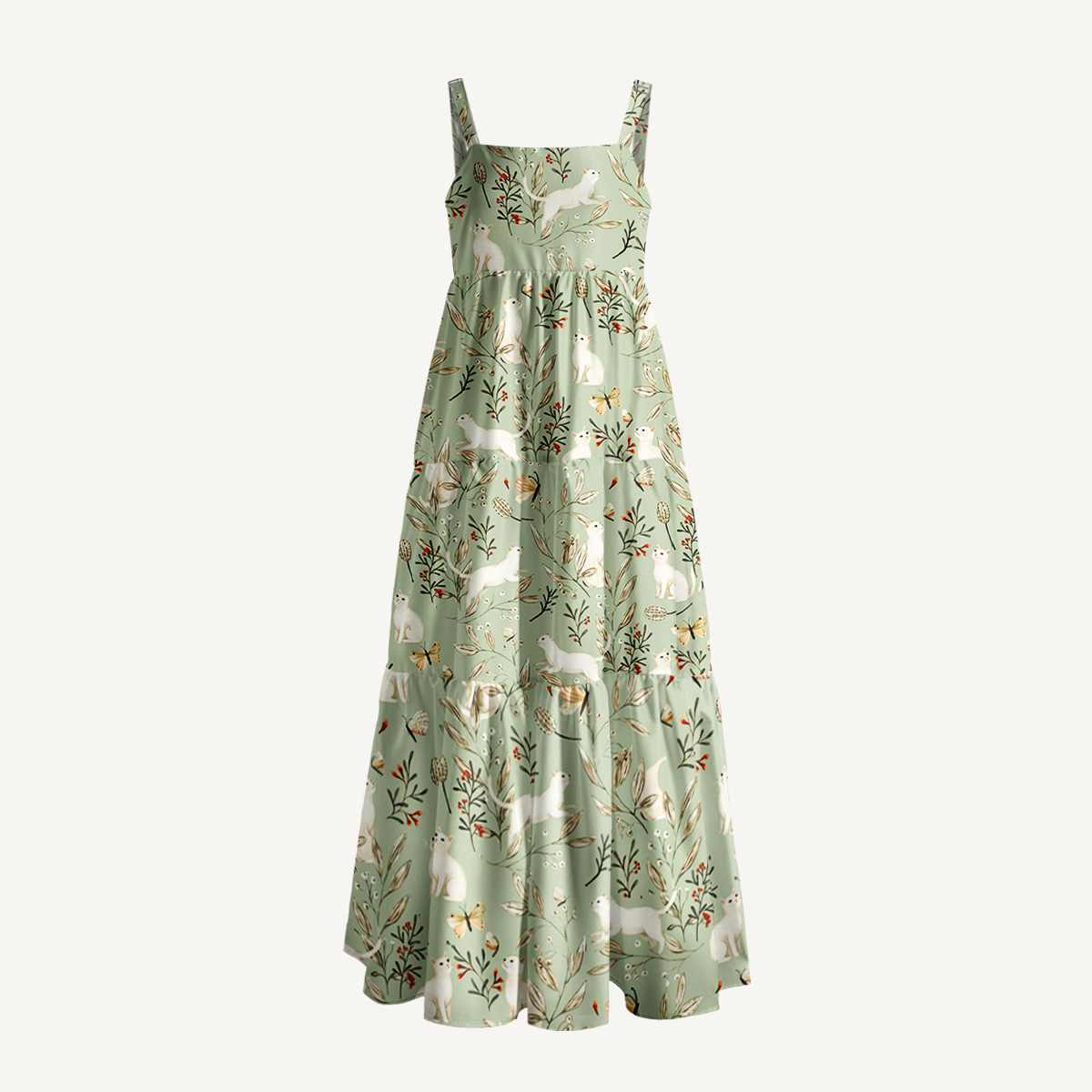 Enchanted Meadow Cat Print Quilt Wide Straps Maxi Dress With Pockets