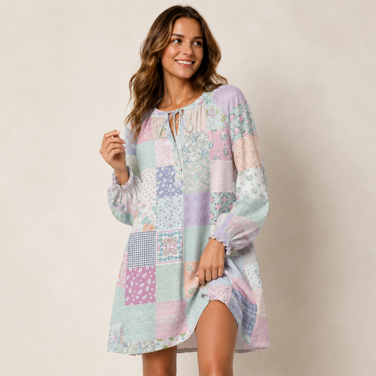Vintage Quilt Patchwork Print Boho Tie‑Neck Smock Mini Dress
