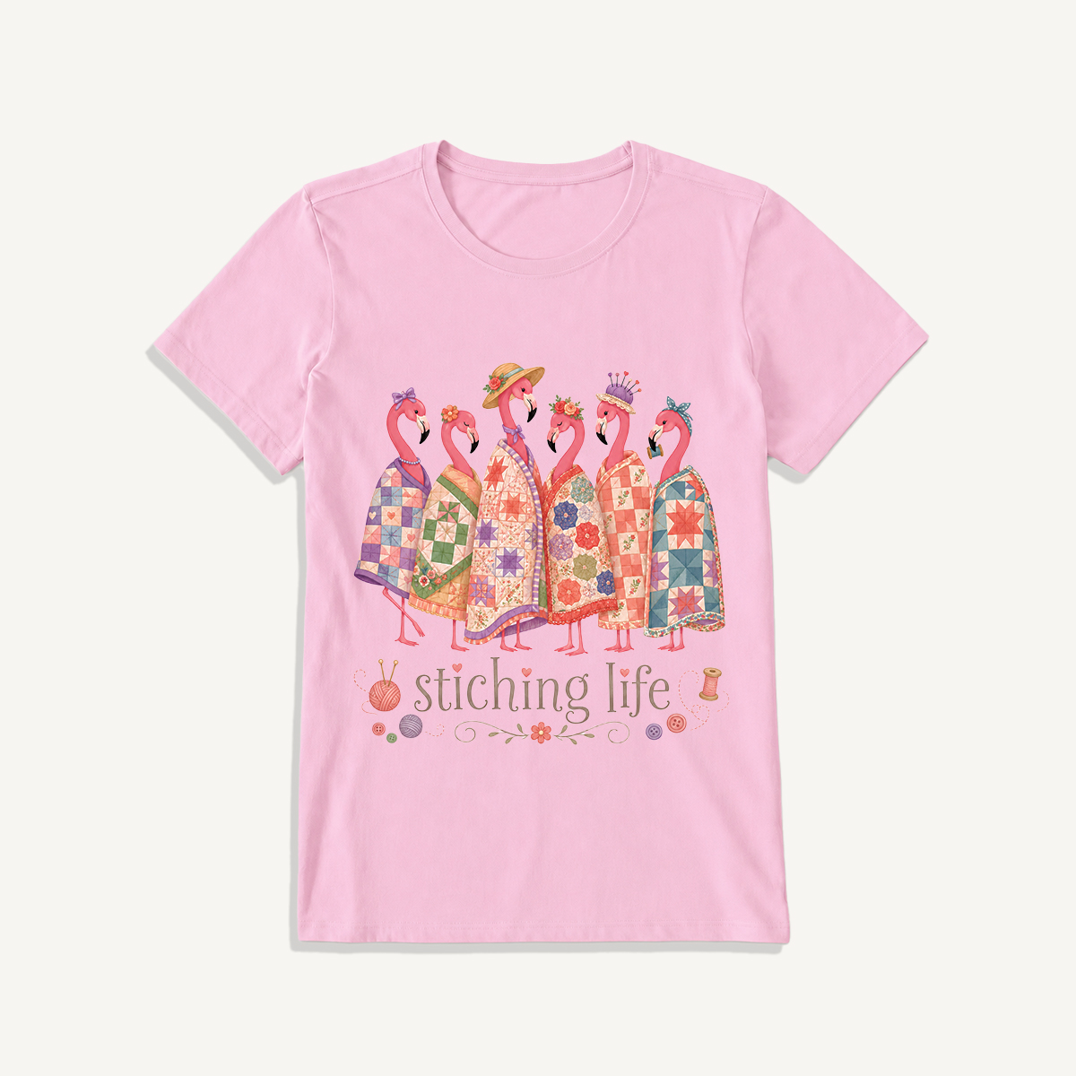 Quilted Flamingo Craft Club Print Crew Neck Cotton Tee