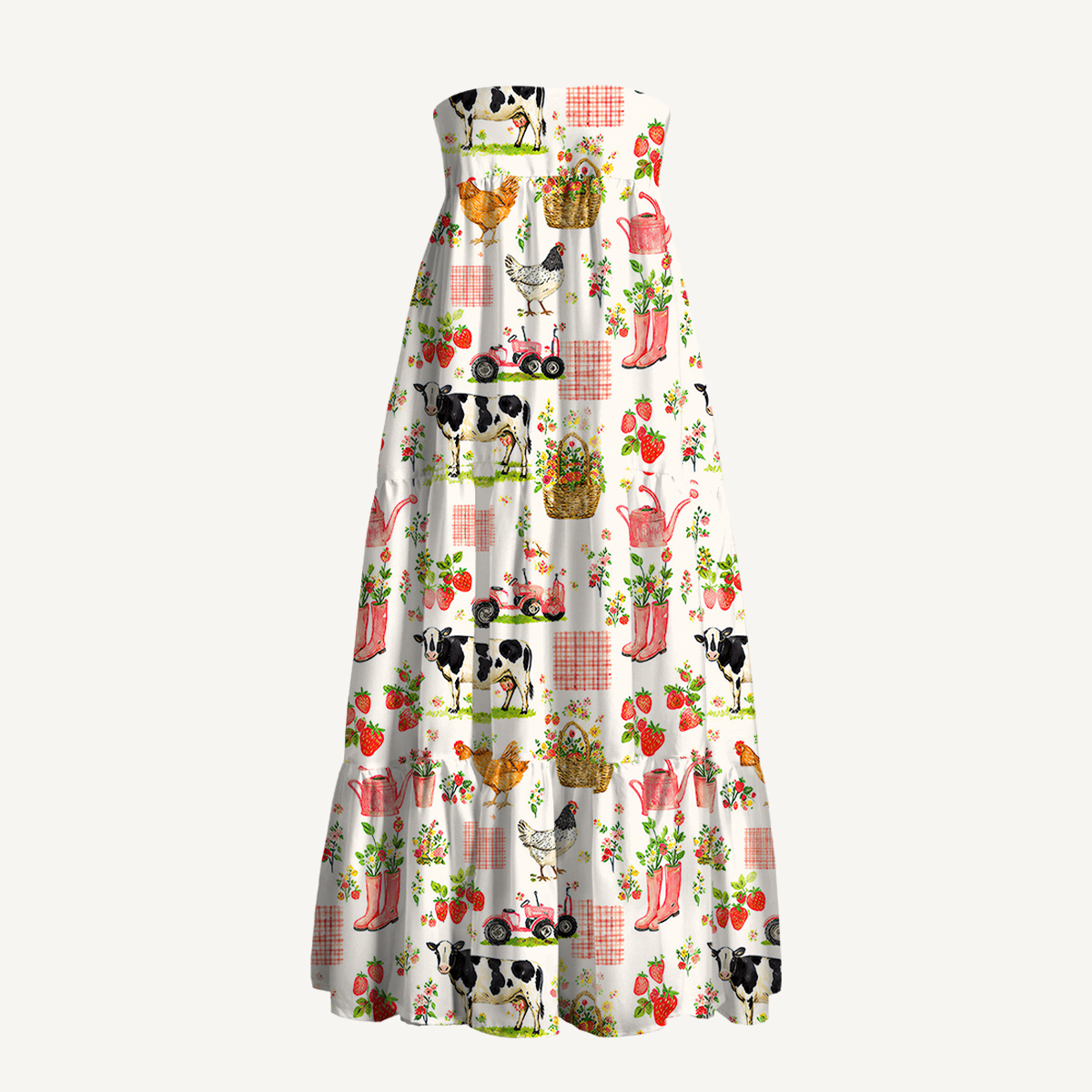 Watercolor Pink Farm Chicken Cow Print Convertible Maxi Skirt & Strapless Dress  