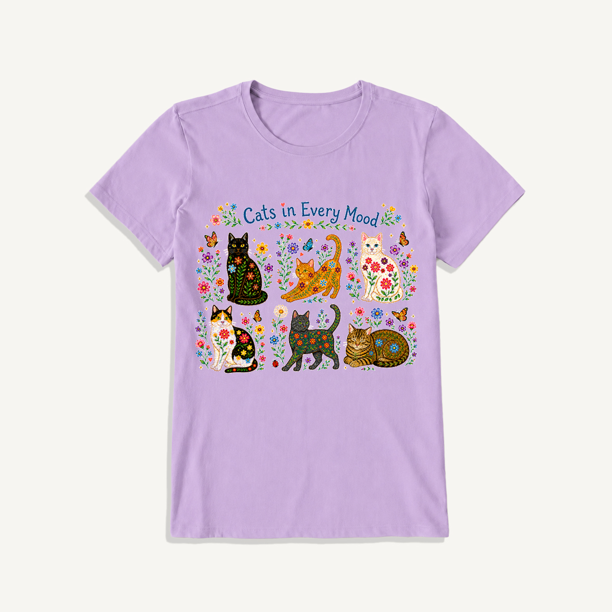 Cats in Every Mood Print Crew Neck Cotton Tee