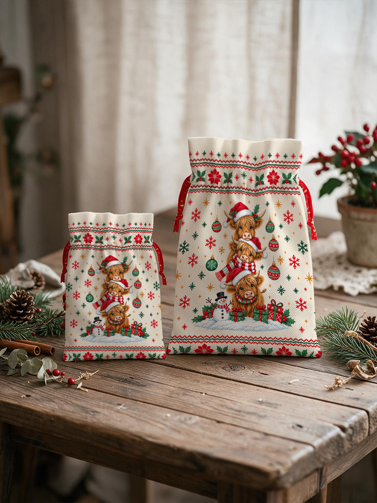 Stacked Highland Cow Christmas Reusable Drawstring Gift Bag