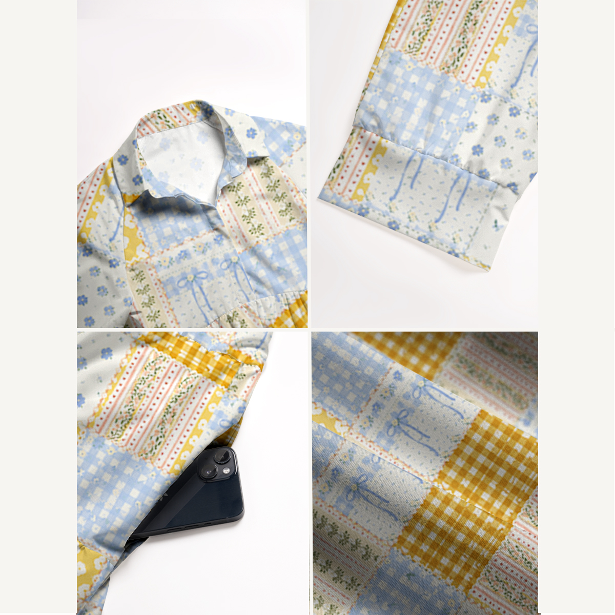 V Neck Collared Pastel Floral Patchwork Quilt Pattern Print Casual Midi Dress With Pockets