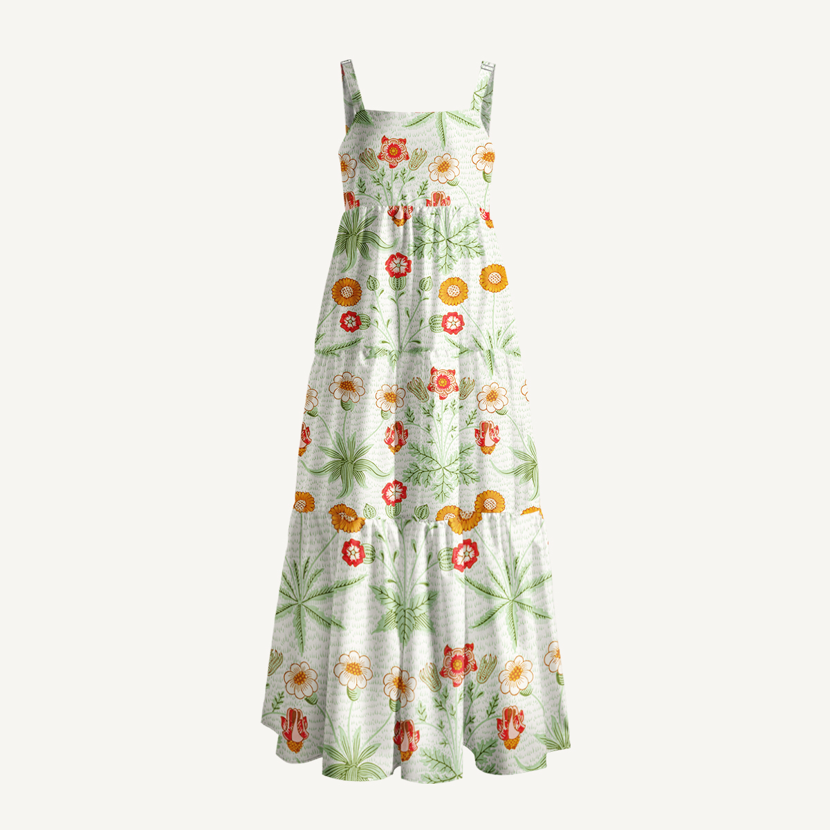 Delicate Retro Florals Mint Green Leaves Print Quilt Wide Straps Maxi Dress With Pockets