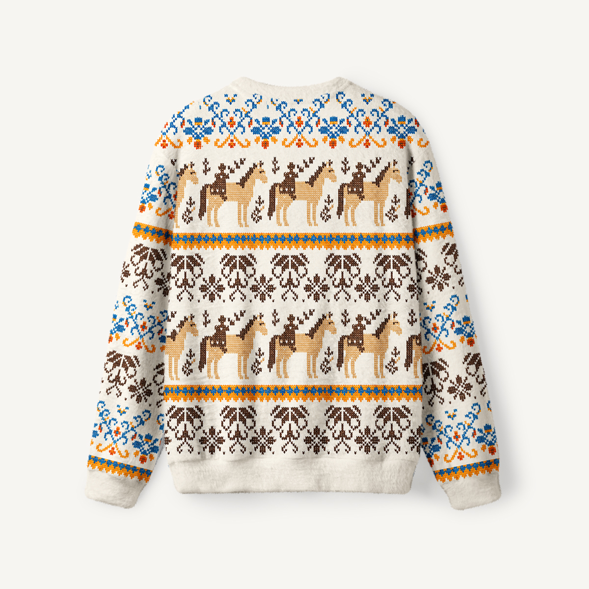 Horseback Rider & Ornamental Floral Fuzzy Crewneck Sweater