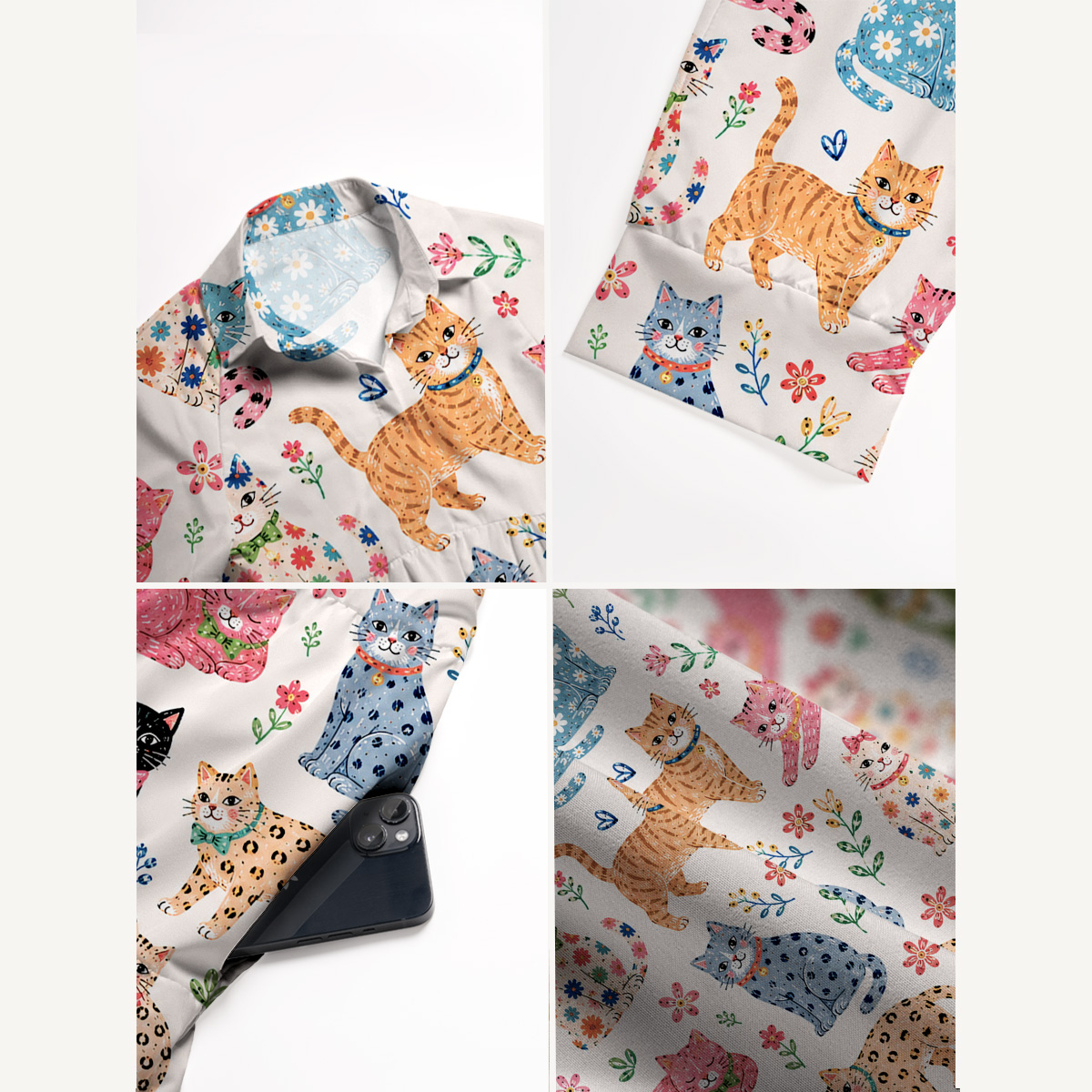 V Neck Collared Playful Cats Floral Print Casual Midi Dress With Pockets