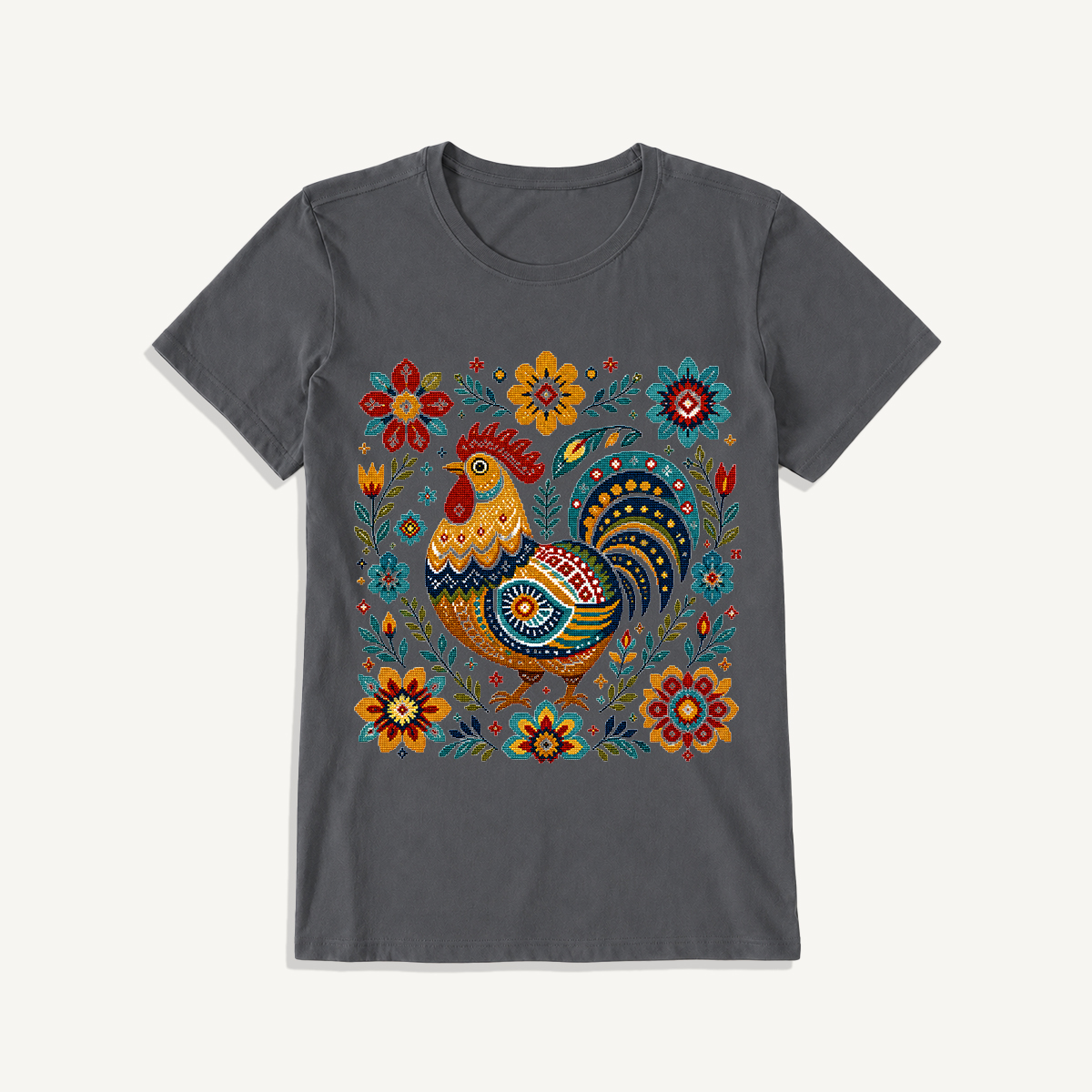 Folk Art Rooster Embroidery Print Crew Neck Cotton Tee