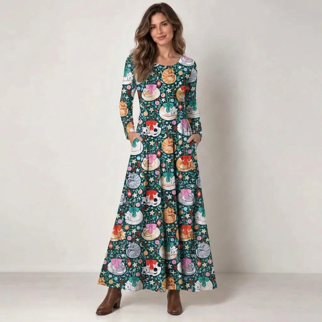 Whimsical Sleeping Cats Print Soft-Touch Stretch Knit Long Sleeve Maxi Dress with Pockets