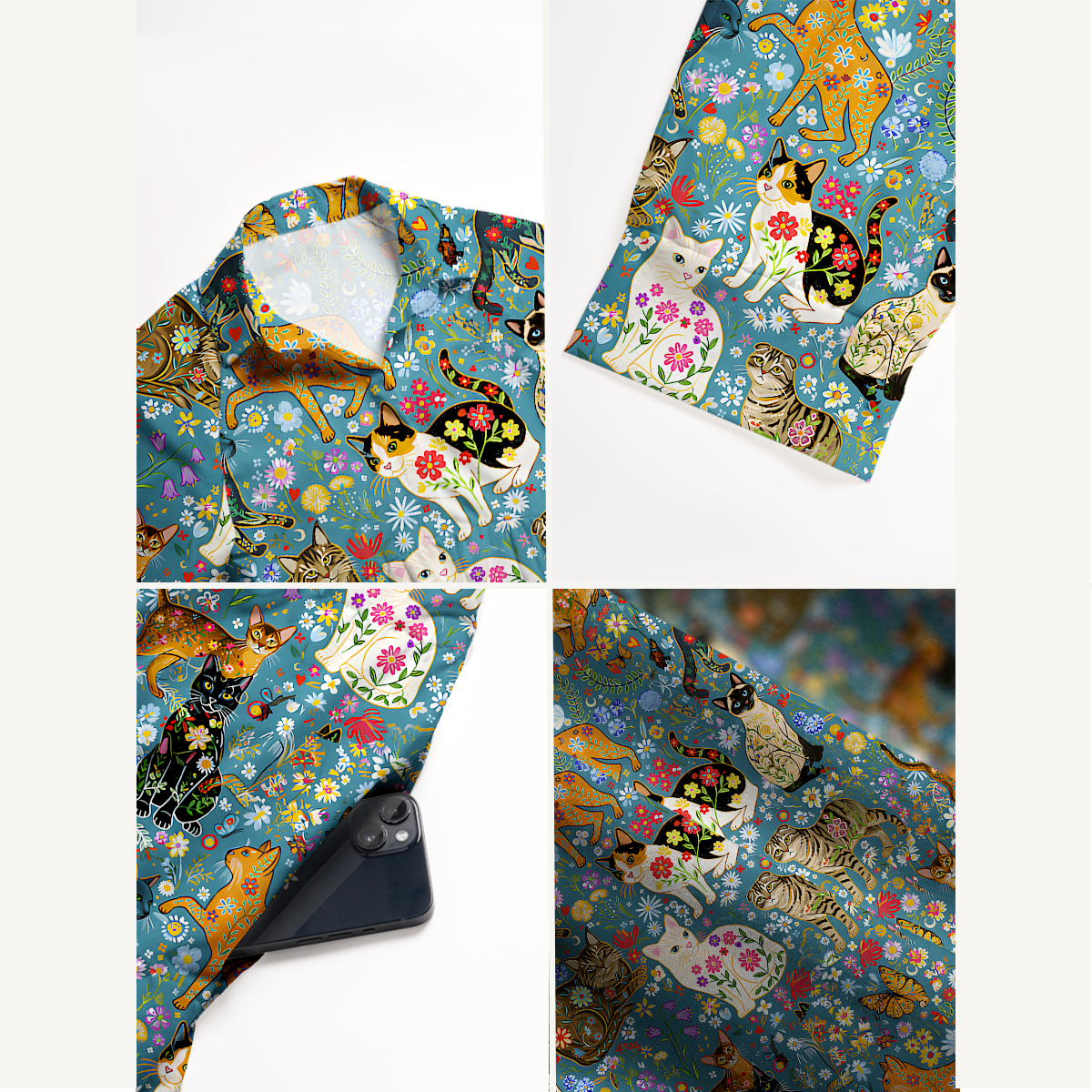 V Neck Collared Colorful Garden Cat Casual Long Shirt Dress