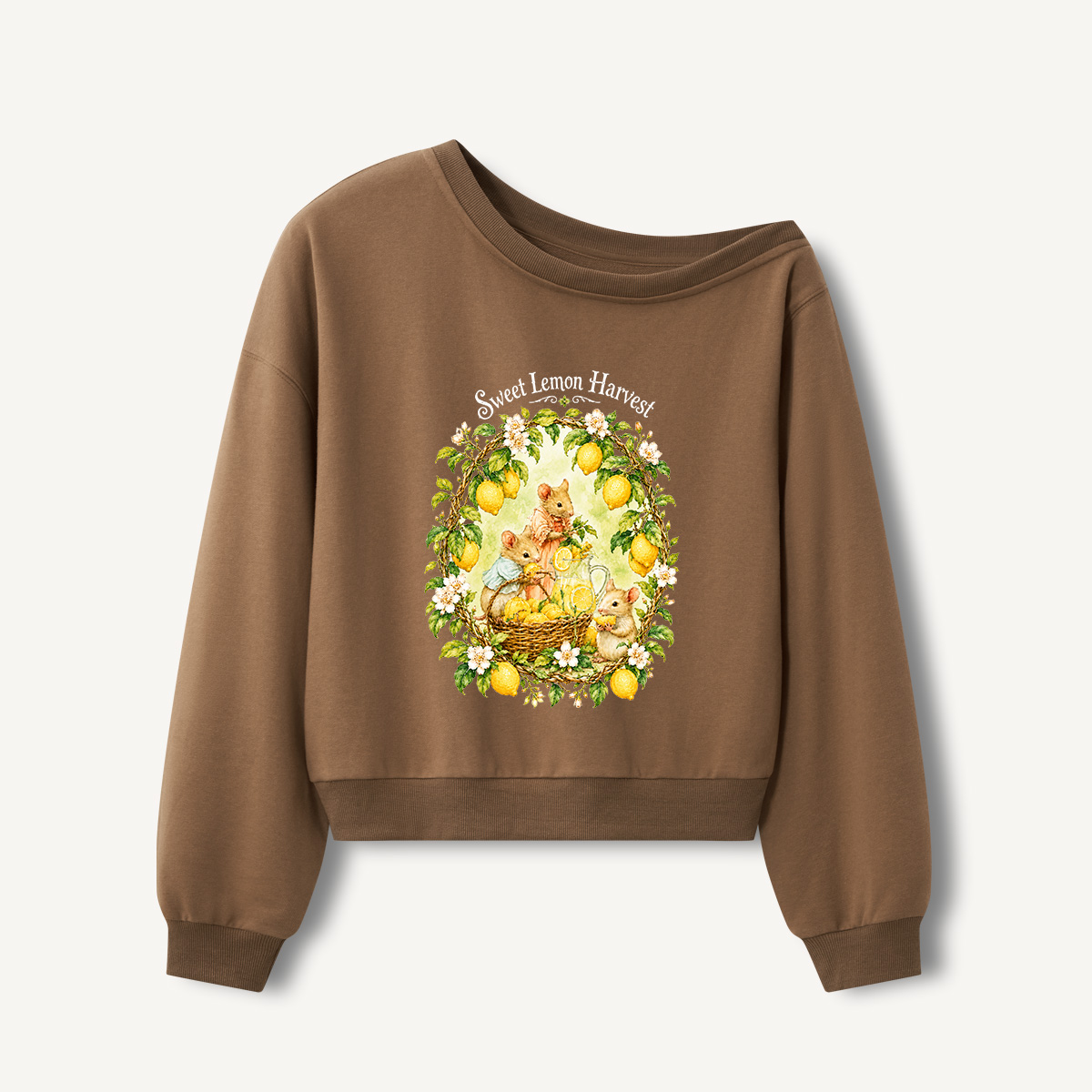 Sweet Lemon Harvest Print Off Shoulder Sweatshirts 