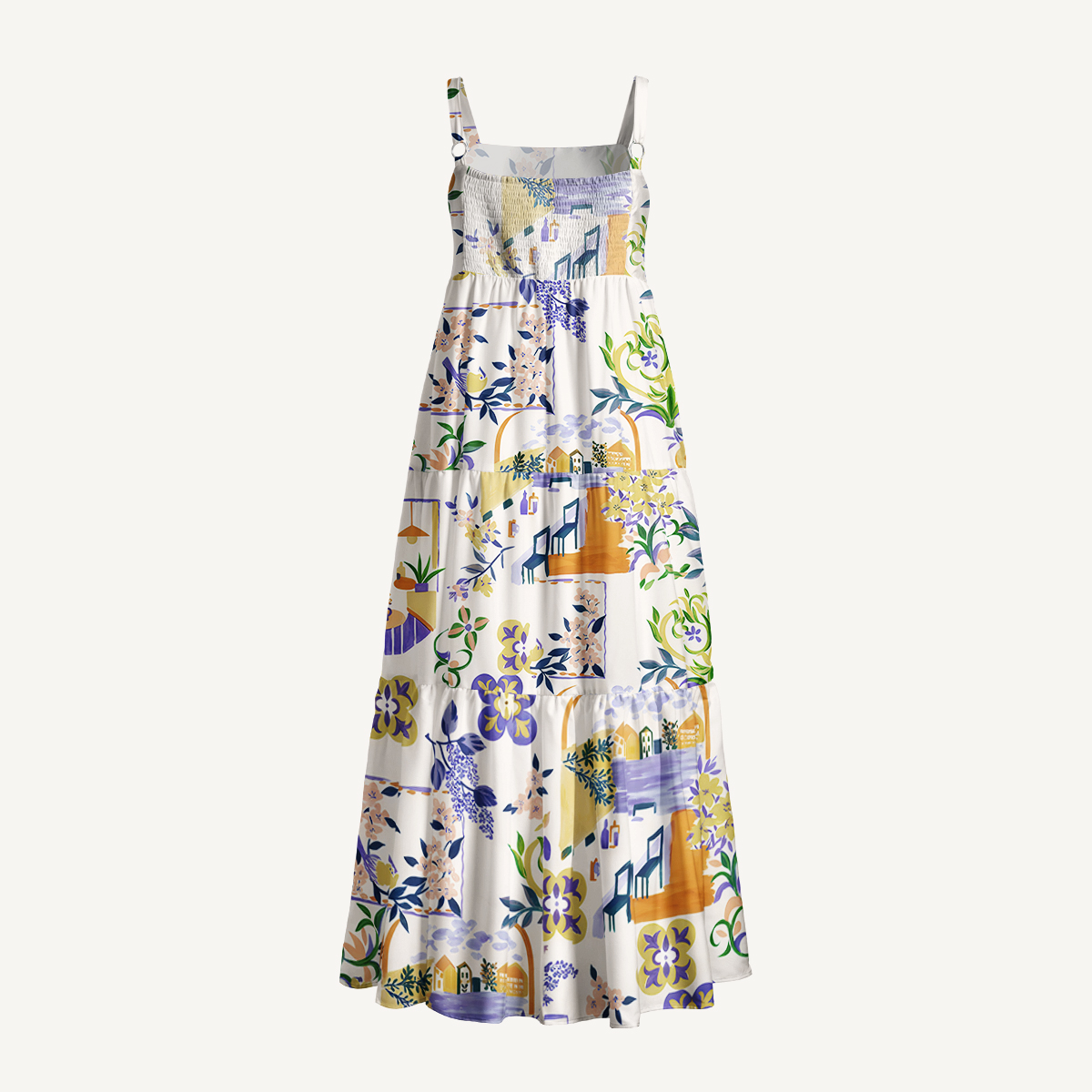 Riverside Garden Terrace Print Quilt Wide Straps Maxi Dress With Pockets